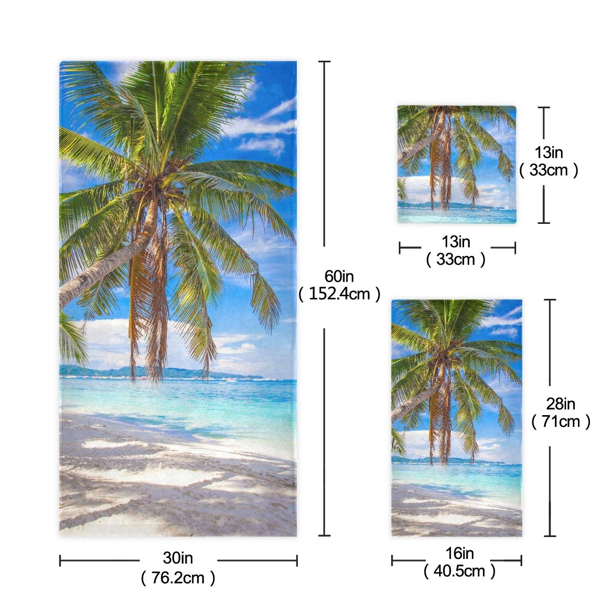 Premium Soft Absorbent 3-Piece Palm Tree Beach Towel Set - 1 Bath Towel, 1 Hand Towel, 1 Face Washcloth for Spa, Bathroom, Hotel, Kitchen, Beach & Gym - Tropical Coastal Decor & Summer Vacation Essentials