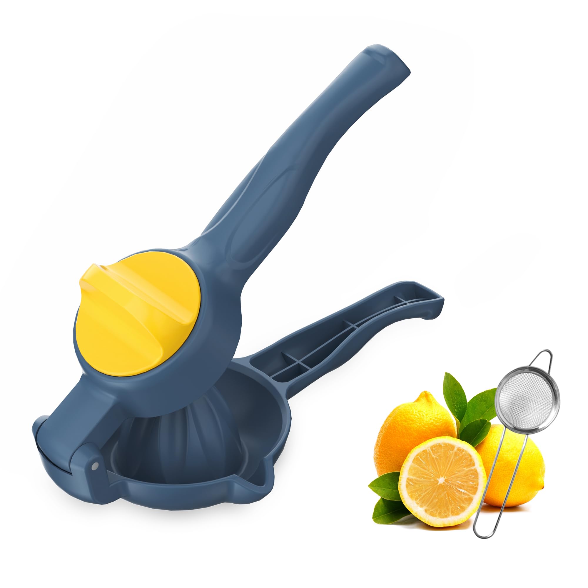 Premium Manual Lemon Squeezer - Heavy Duty Citrus Juicer with Rotating Hinge Blade & Drip-Free Spoon - Extract Maximum Juice - Dark Blue - Perfect for Cocktails, Lemonade & Healthy Juicing at Home