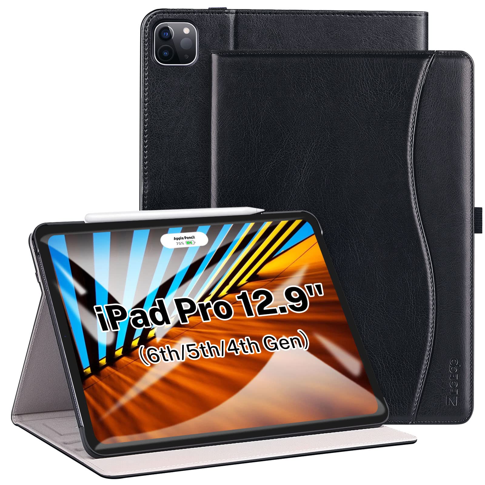 Ztotop Premium PU Leather iPad Pro 12.9 Case (6th/5th/4th Gen 2022/2021/2020) - Multi-Angle Folio Cover with Apple Pencil Charging | Perfect for Work, Study & Travel | Black