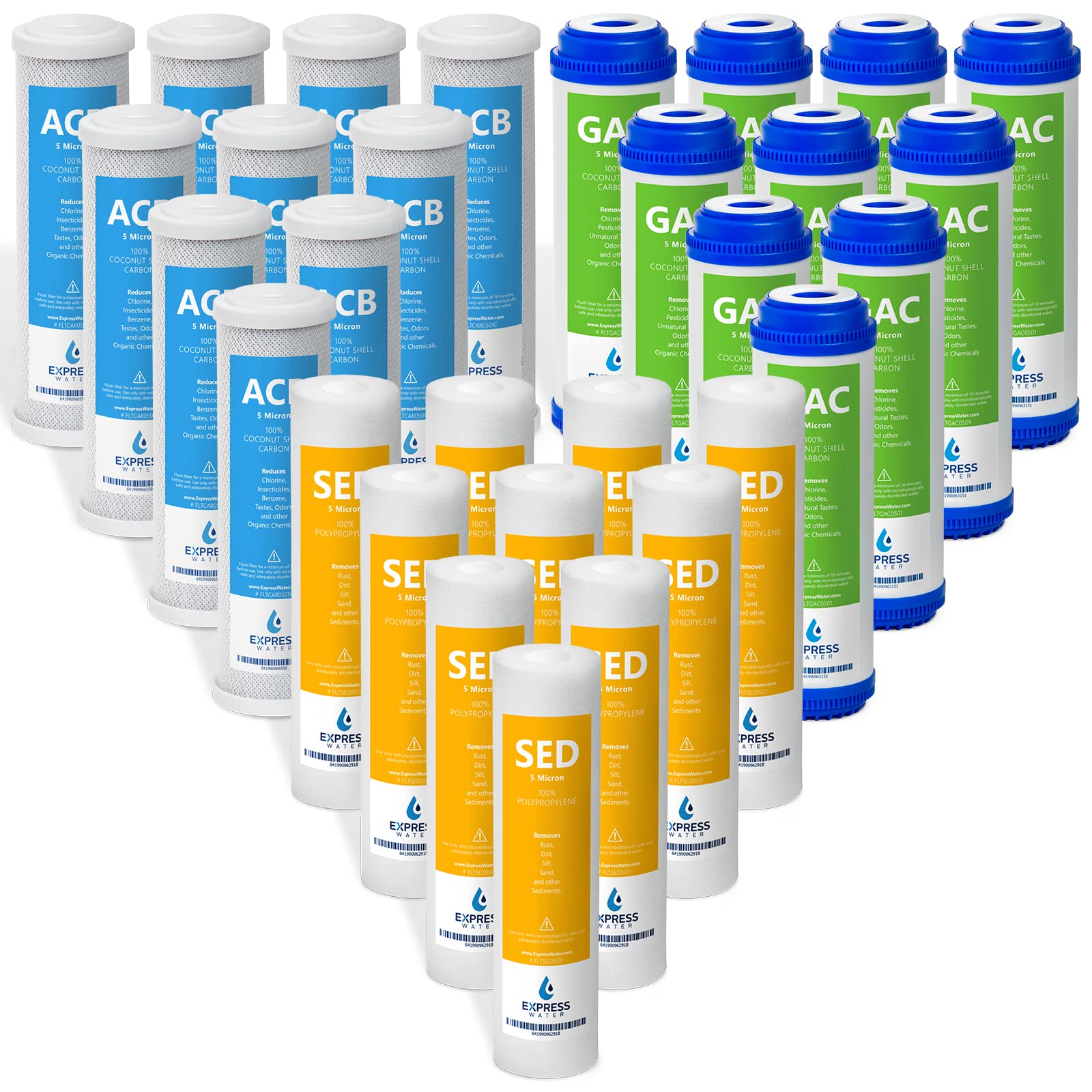 Express Water 5-Year Reverse Osmosis System Replacement Filter Set - 30 Filters (Carbon GAC, ACB, Sediment SED) - 10 Inch Water Filters for Clean Drinking & Cooking Water - Perfect for Home, Office & RV Use