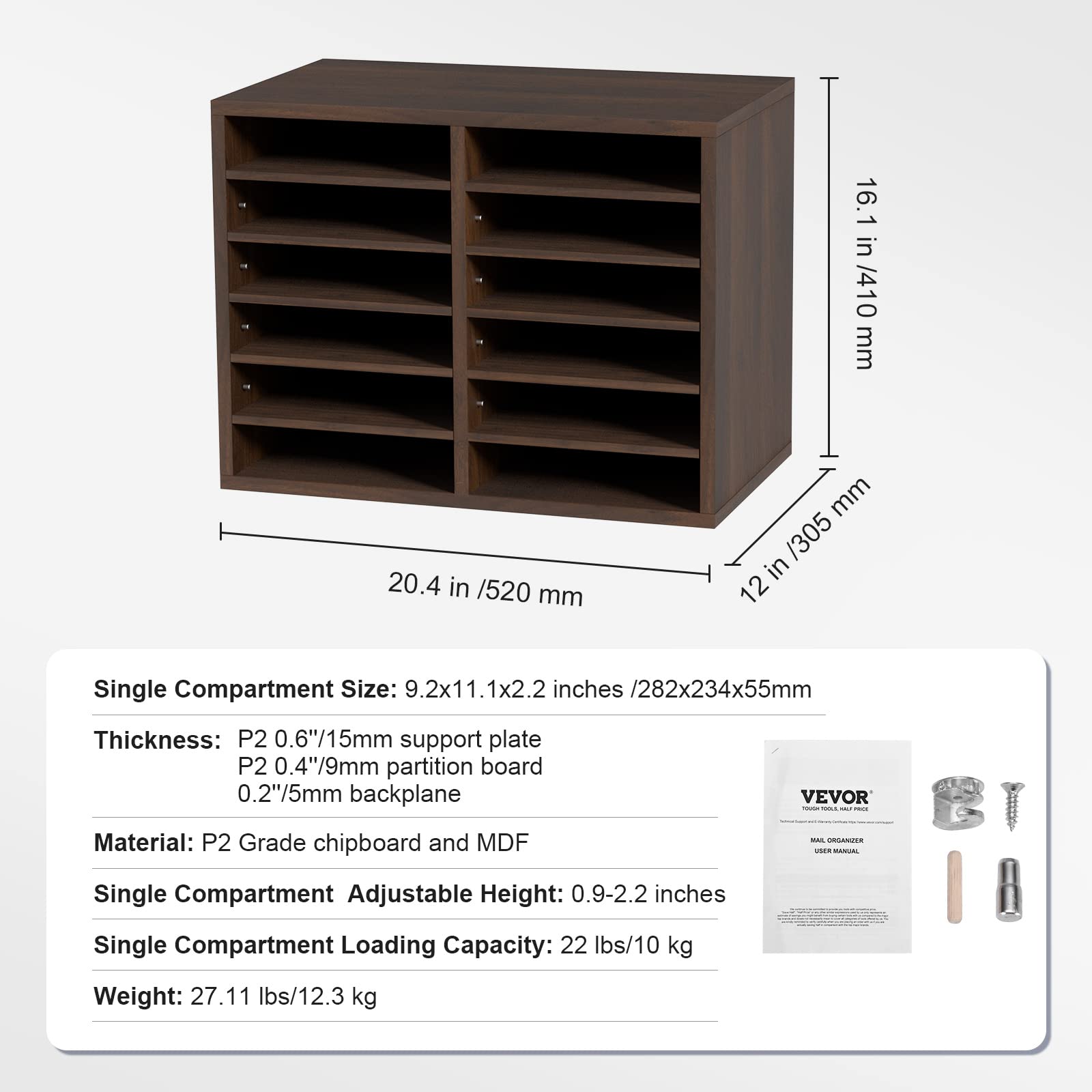 VEVOR 12-Slot Wooden Literature Organizer with Adjustable Shelves - 51.8x30.48x40.9cm Office Mailbox for Documents, Files, and Mail - Perfect for Home Office, Classroom, Mailroom, and Library Organization