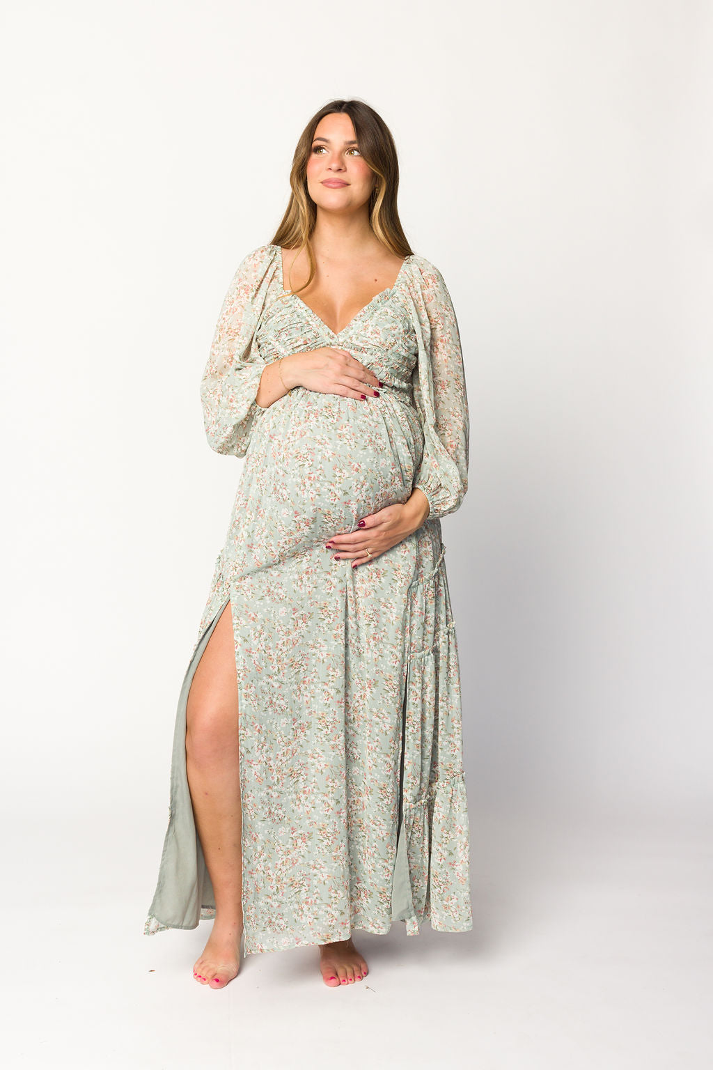 **Daphne Long Sleeve Maxi Dress - Floral Print in Sage, Pink & Ivory | Bump Friendly & Inclusive Sizing (XS-3XL) | Perfect for Maternity, Weddings & Casual Wear**