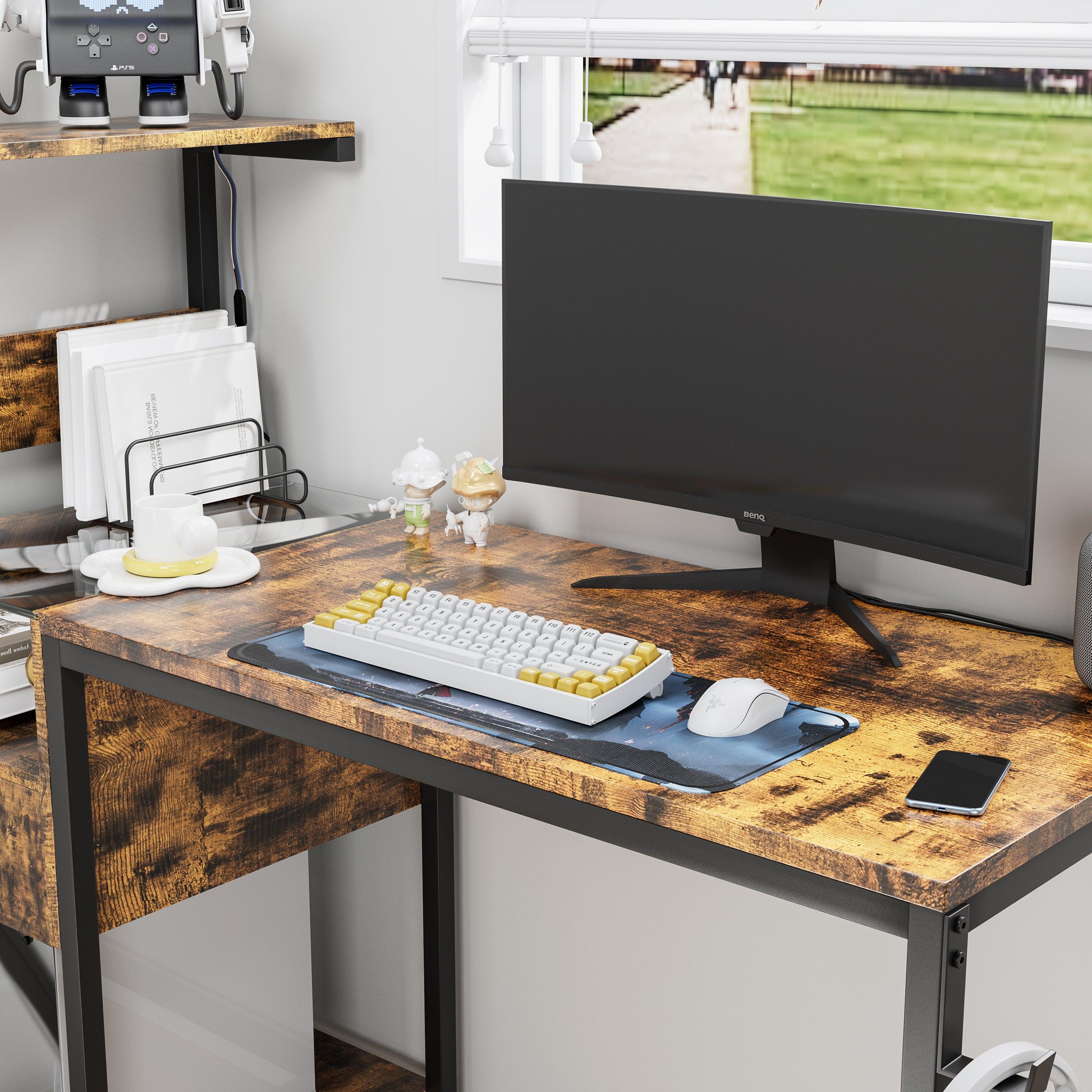Ergonomic Computer Desk with Built-in Power Outlet & USB Charging Station | Home Office Desk with Storage Shelves | Study Writing Workstation for Small Spaces (Brown) - Perfect for Remote Work, Gaming Setup & Online Learning