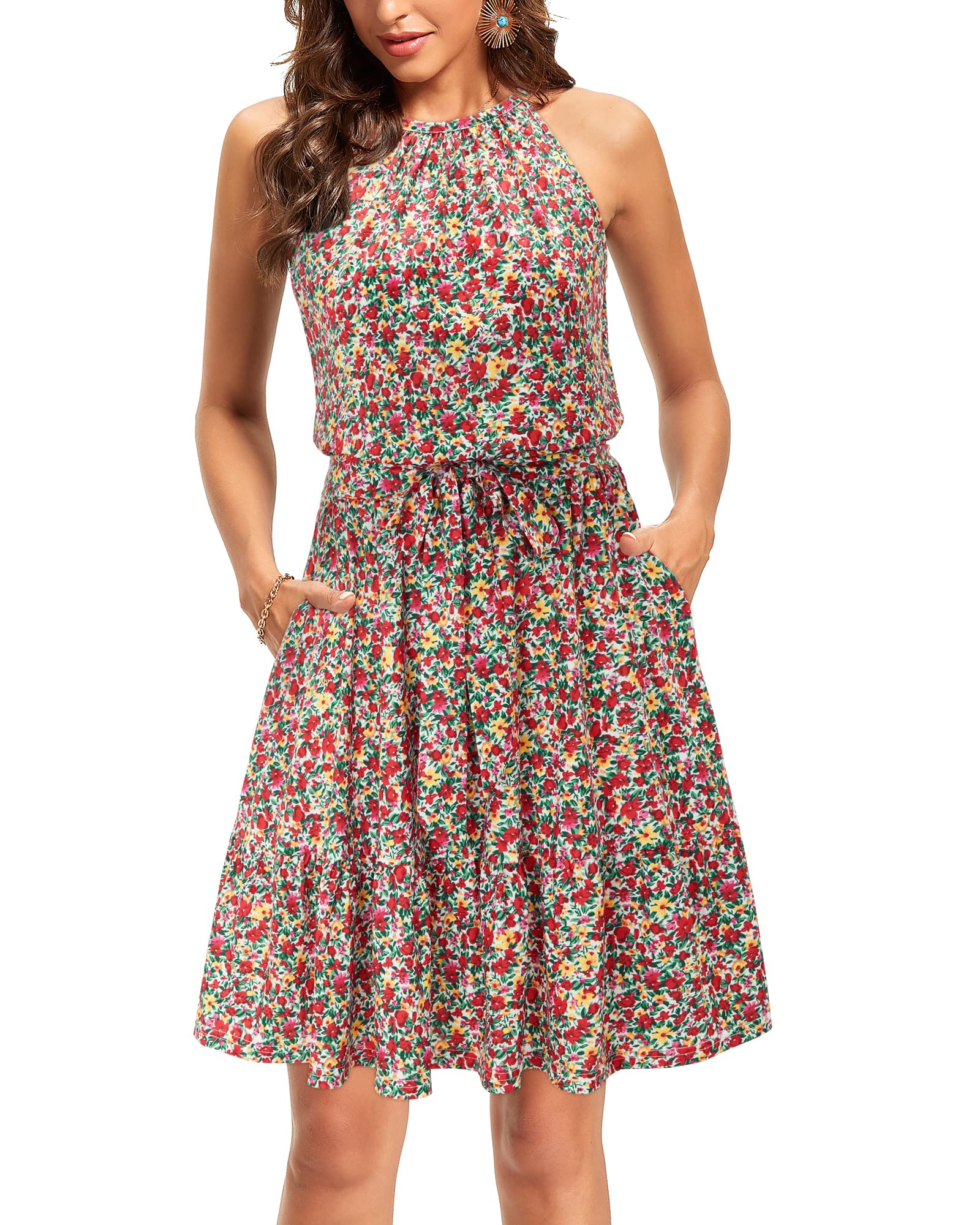 Newshows Women's 2025 Summer Halter Sundress with Pockets - Casual Beach Dress, Vacation Wedding Guest Outfit, Belted Flowy Dress for Pool Party, Brunch & Outdoor Events