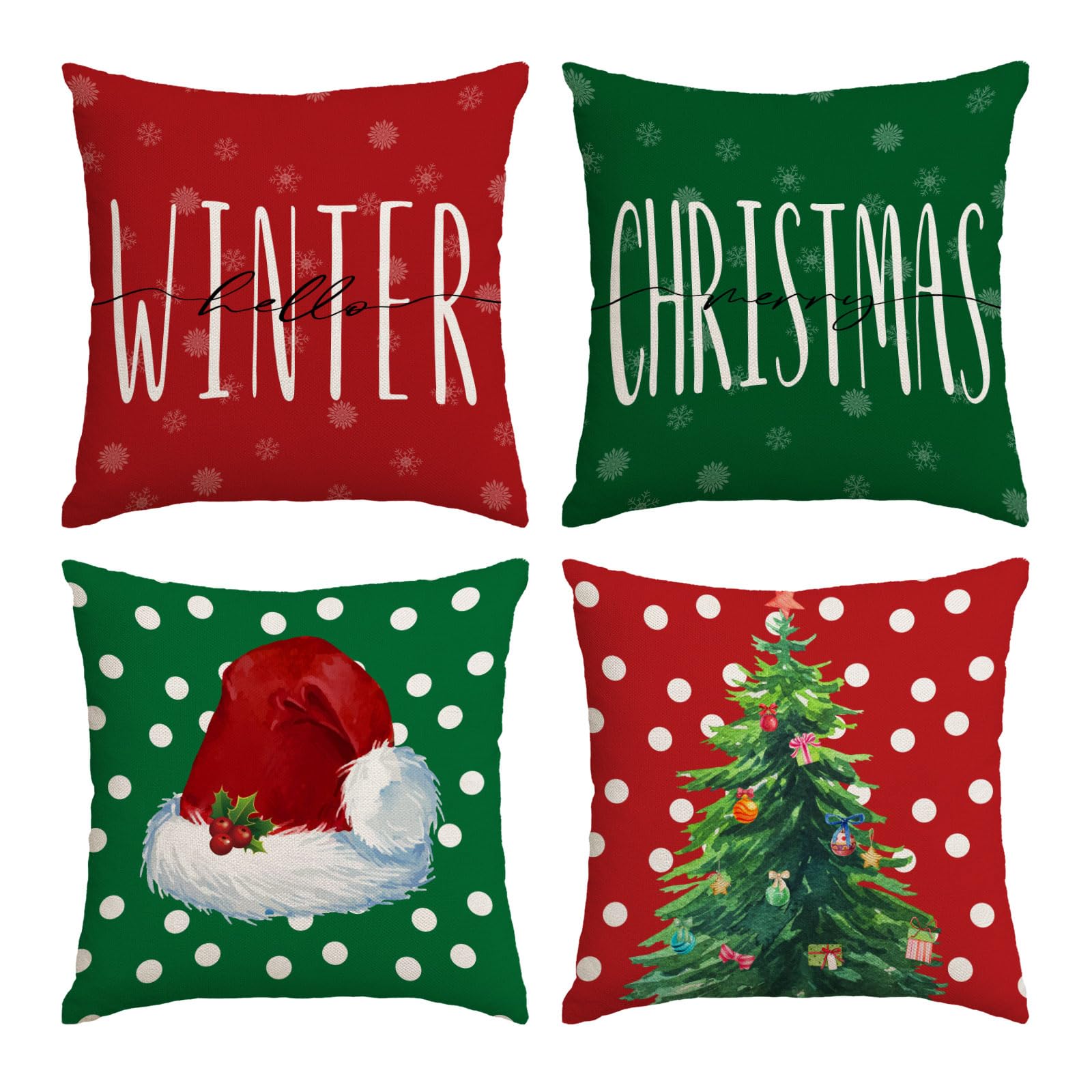 Festive Christmas Pillow Covers Set of 4 - 16x16 Inch Holiday Decorative Throw Pillow Cases with Christmas Tree, Deer & Santa Designs for Sofa, Couch, Bed - Perfect for Indoor & Outdoor Christmas Decorations (Red & Green)