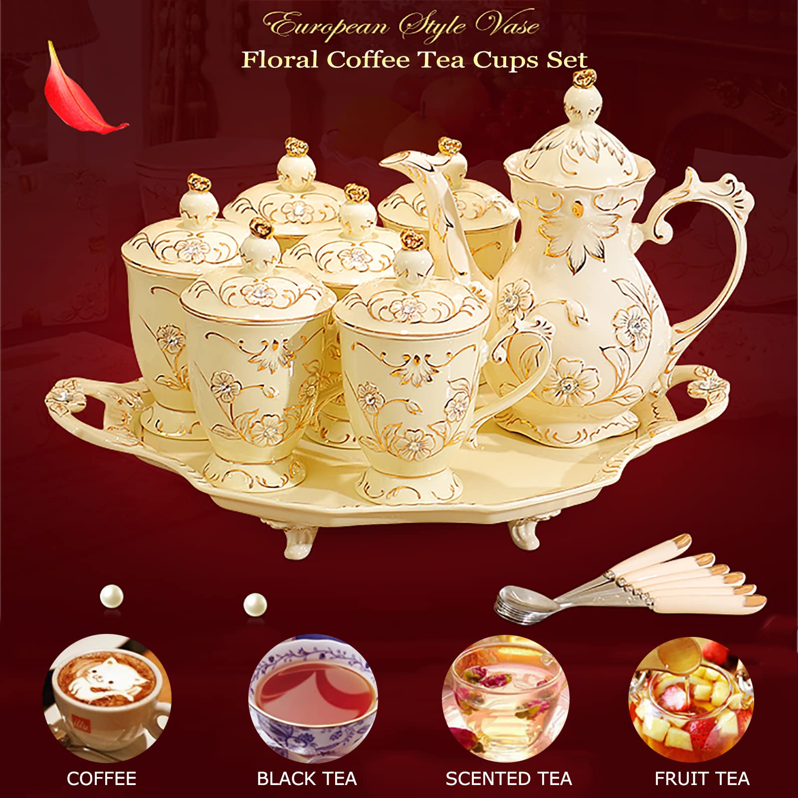 8-Piece Floral Porcelain Tea Set with Teapot, Cups, Saucers & Teaspoons - Gold Trim Hibiscus Design, Elegant China Ceramic for Afternoon Tea, Bridal Shower & Housewarming Gifts (Gift Box Included)