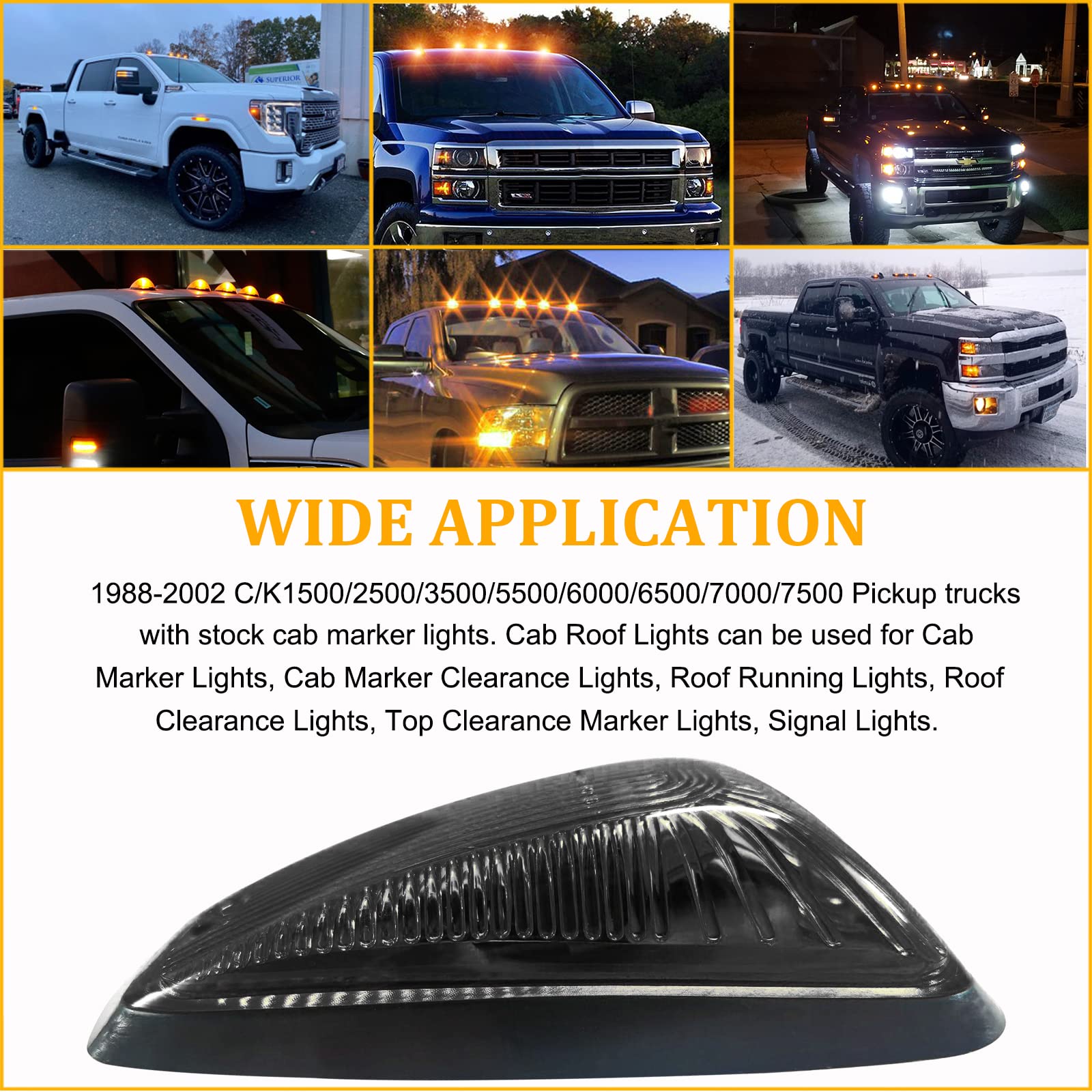 PSEQT 5Pcs LED Cab Roof Marker Lights - Clearance Lights for 1988-2002 Chevy/GMC C/K 1500-7500 Series Trucks - 12V Waterproof Running Lights with Smoke Lens & T10 Bulbs - Perfect for Night Driving & Heavy-Duty Trucking