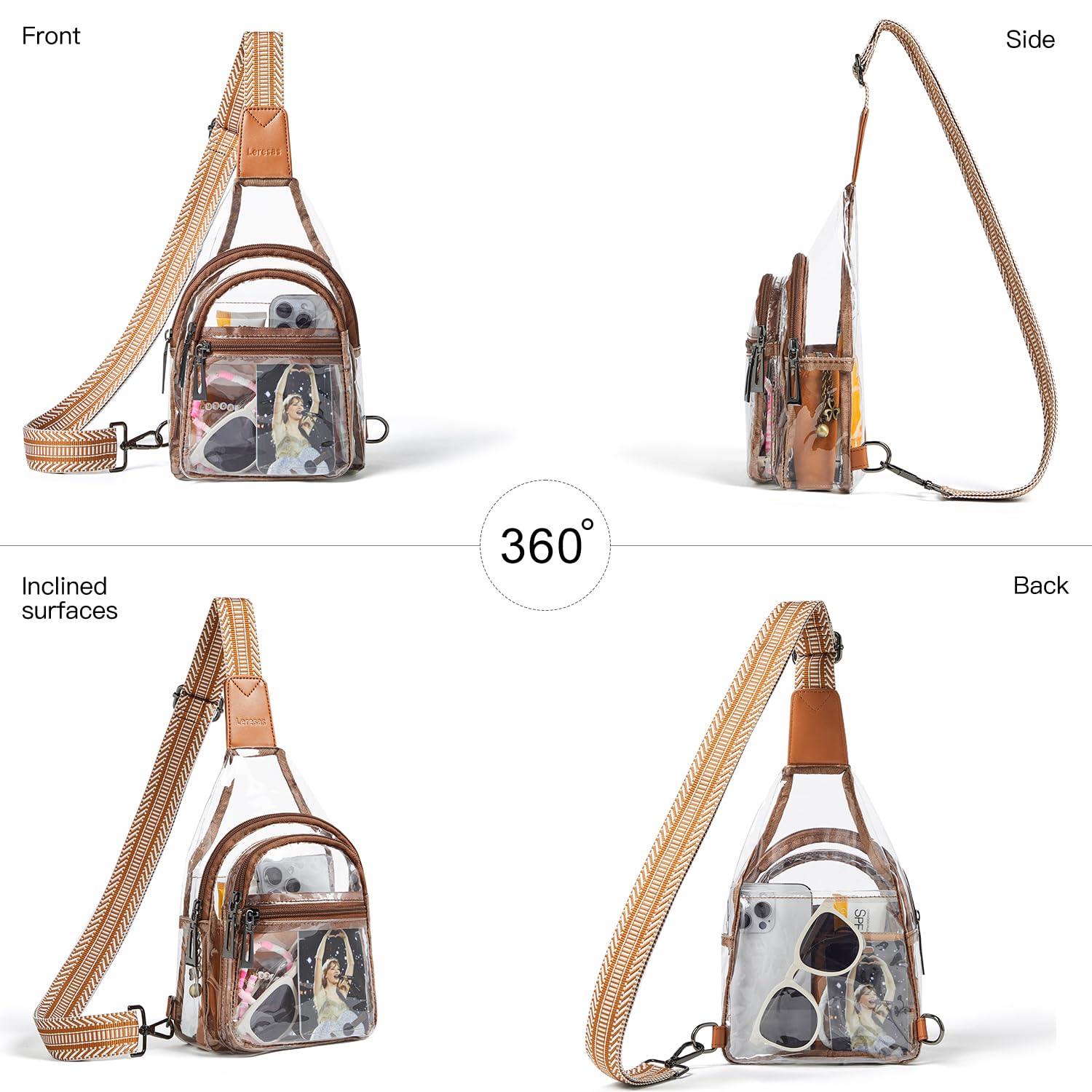 Leresas Clear Sling Bag - Stadium Approved Transparent Crossbody Purse for Women & Men - Lightweight Clear Backpack Fanny Pack for Concerts, Sports Events & Travel (Brown/See-Through) - Perfect for Security Checks, Theme Parks & Outdoor Adventures