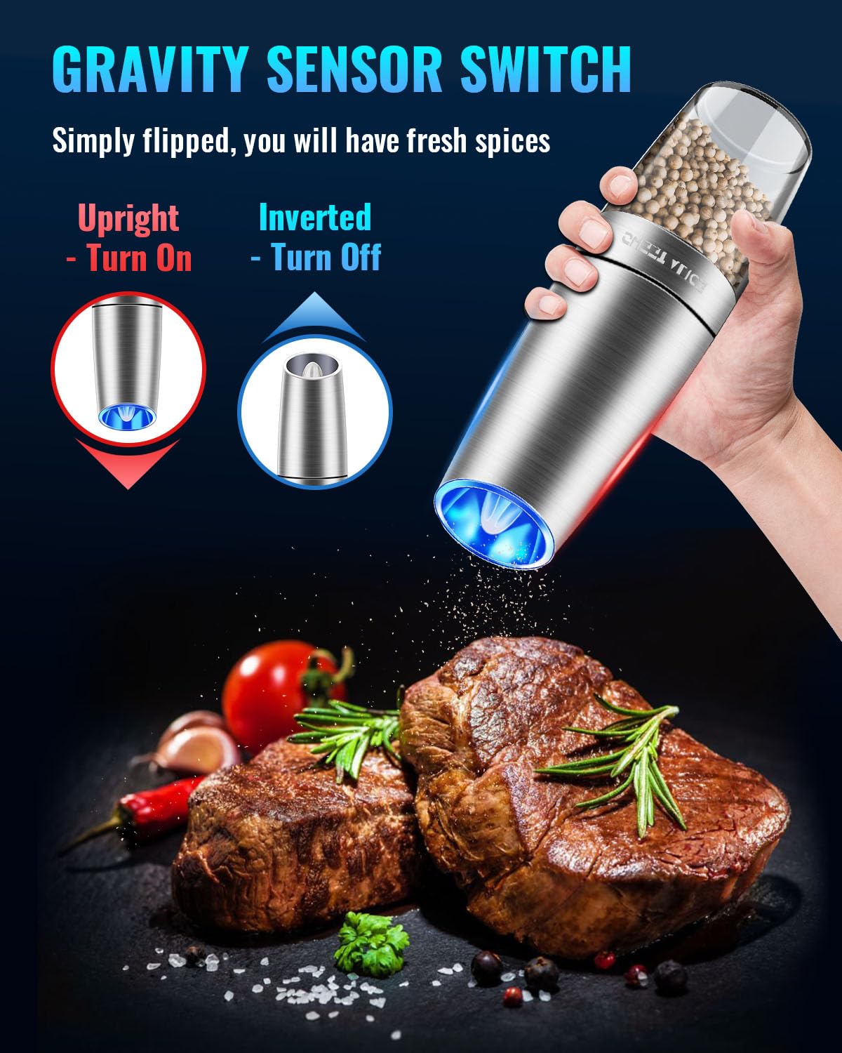 **Sweet Alice Automatic Gravity Electric Pepper & Salt Grinder – Adjustable Coarseness, Battery-Powered with LED Light, One-Hand Operation, Stainless Steel (Single/Silver) – Perfect for Kitchen, Dining Table & Outdoor BBQ**