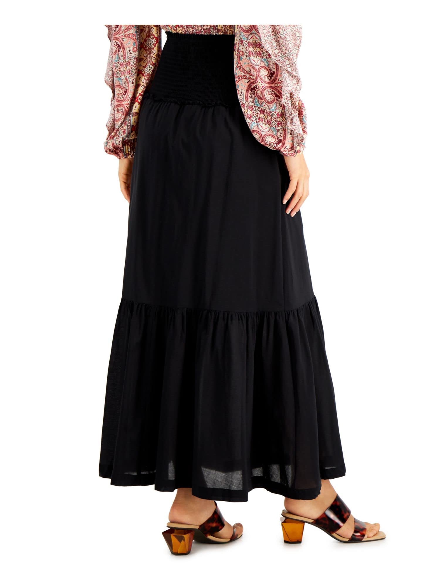 INC International Concepts Smocked Tiered Maxi Skirt for Women - Flowy Black Long Skirt with Elastic Waist, Perfect for Summer, Beach, Vacations & Boho Style Outfits