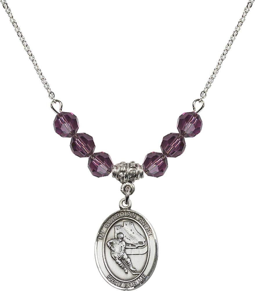 Bonyak 18 Inch Rhodium Plated Necklace with 6mm Purple Amethyst Birthstone Beads & Guardian Angel Charm - Perfect for February Birthdays, Gifts for Hockey Players, and Spiritual Protection Jewelry