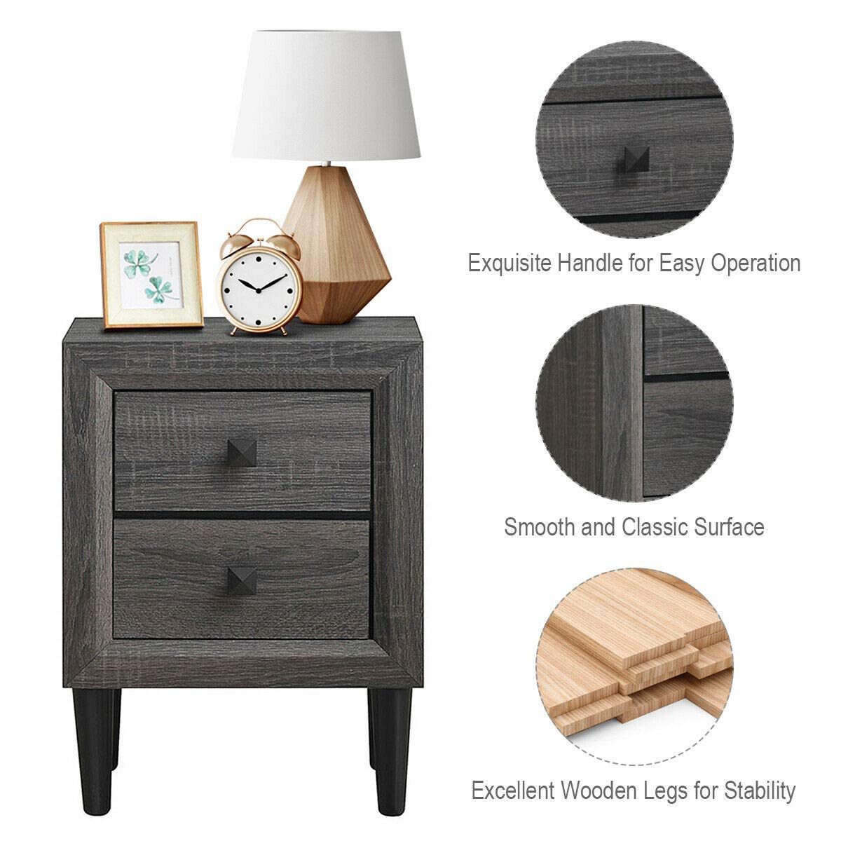 Caraya Retro Nightstand Set of 2 - Grey Space-Saving Bedside Table with 2 Sliding Drawers for Bedroom, Living Room & Office Storage | Multipurpose Side Table for Small Spaces
