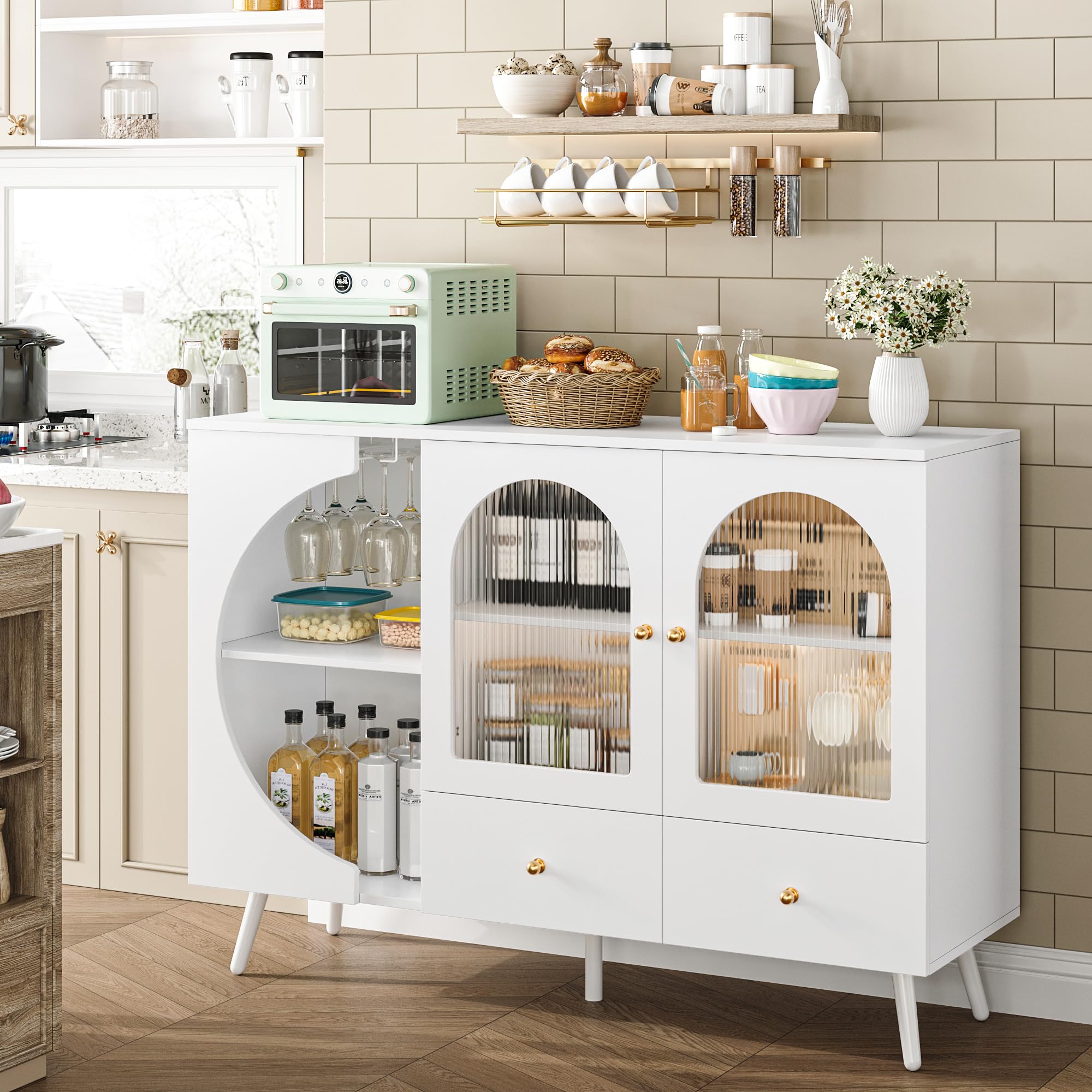 Modern White Coffee Bar Cabinet with 2 Drawers & Fluted Glass Door - Buffet Sideboard for Wine Storage, Perfect for Kitchen, Dining Room & Living Room - Stylish Home Bar Furniture for Entertaining Guests