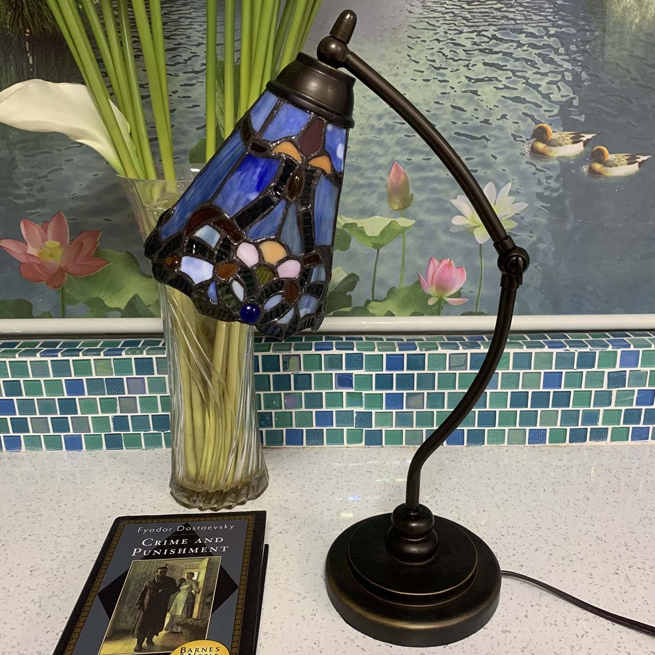 Bieye L10688 Tiffany Style Stained Glass Table Lamp with Swing Arm - Baroque Blue Night Light for Reading, Working & Home Decor | Perfect for Bedroom, Office & Living Room