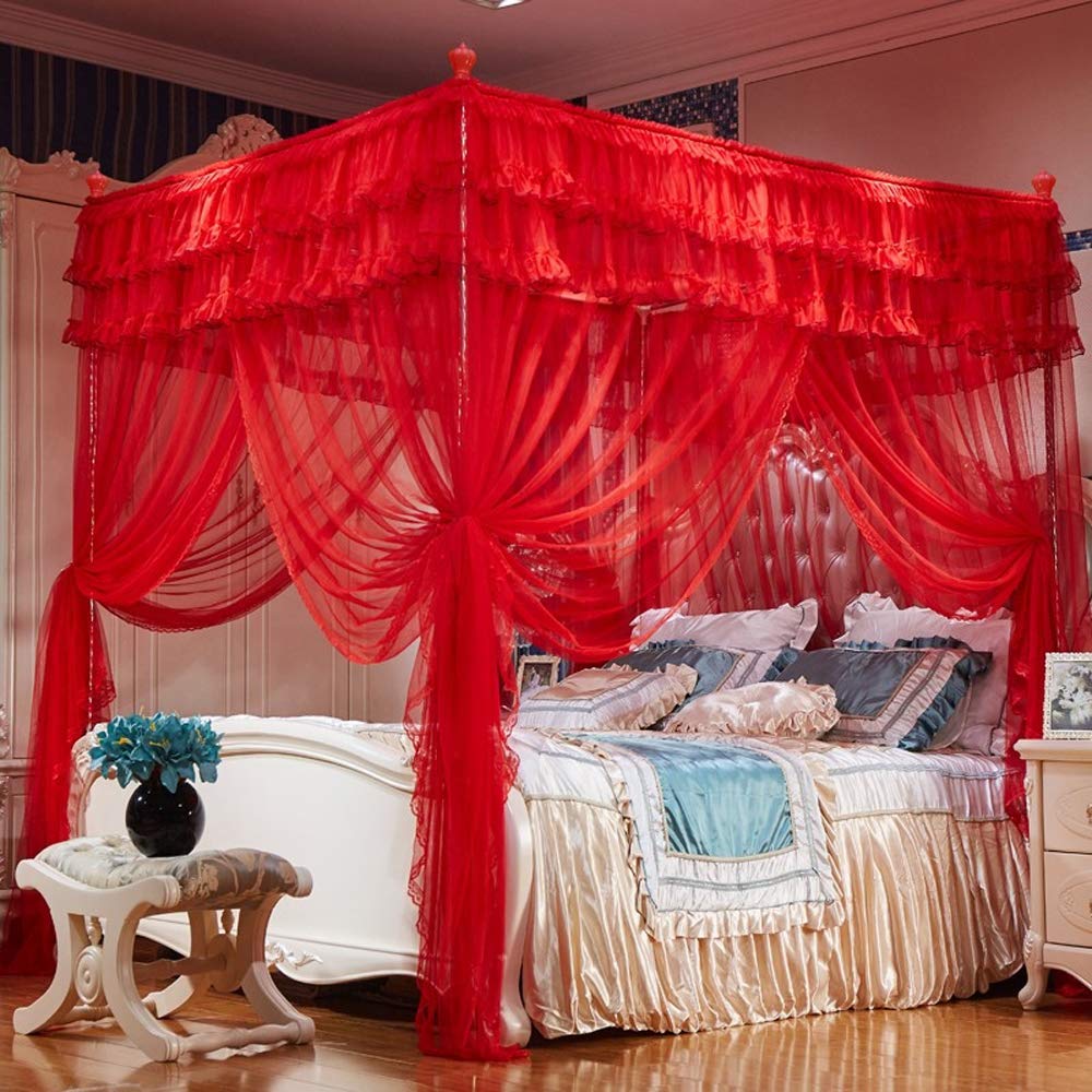 Elegant 4 Corner Princess Bed Canopy with Mosquito Net - Full Size Red Bed Curtain for Girls Room, Wedding Decor & Romantic Bedroom Setup
