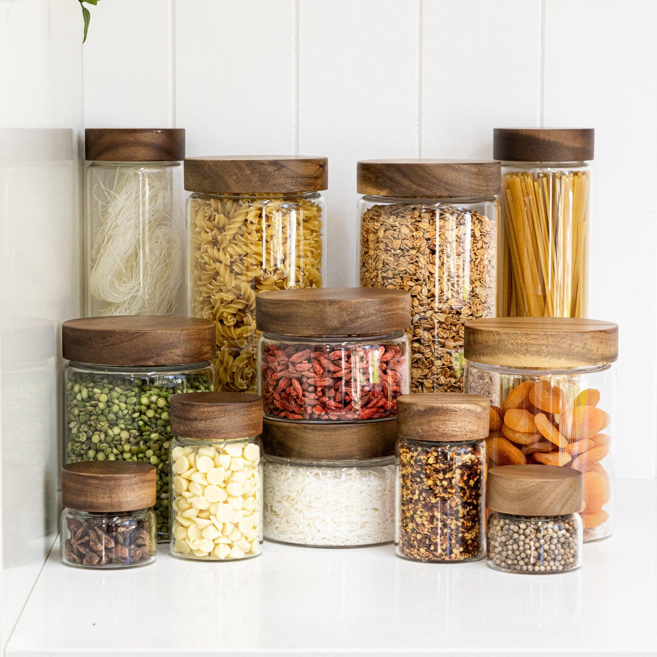 Premium Acacia Wood & Glass Pasta Storage Jar - 1.2L Capacity | Airtight Kitchen Organizer for Spaghetti, Penne & Dry Food | Perfect for Pantry, Restaurant & Home Kitchen Organization