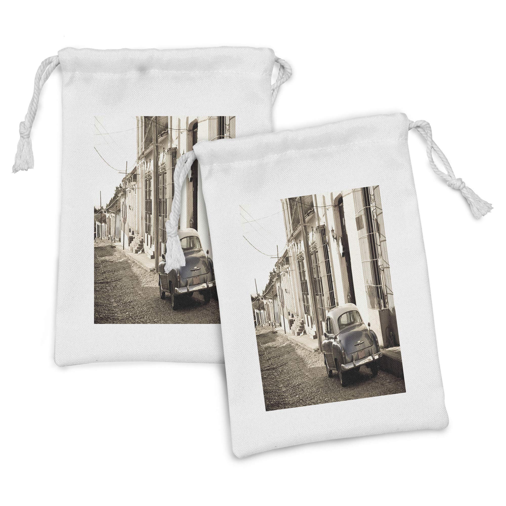 Vintage Car Fabric Pouch Set of 2 - Old Americana Colonial Streets of Trinidad Cuba Print - 9