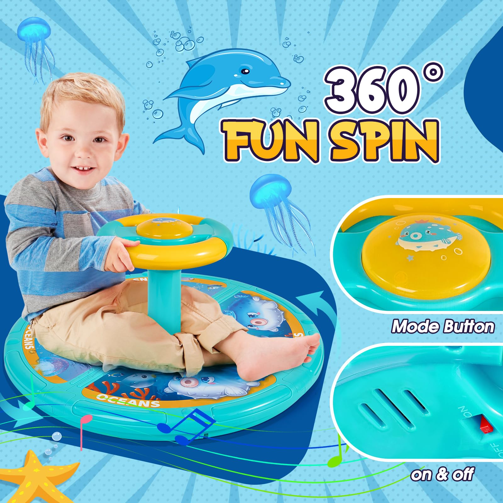 360° Ocean Interactive Sensory Spinning Toy with LED & Sound - Best Christmas Birthday Gift for Toddlers Ages 2-10 | Fun Developmental Toy for Boys & Girls | Includes Free Stickers | Perfect for Indoor Play, Sensory Development & Active Playtime