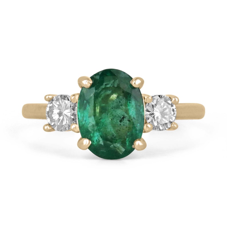 2.60 TCW 14K Gold Oval Cut Emerald & Round Diamond 3 Stone Engagement Ring – Elegant Prong Setting for Proposals, Anniversaries & Special Occasions
