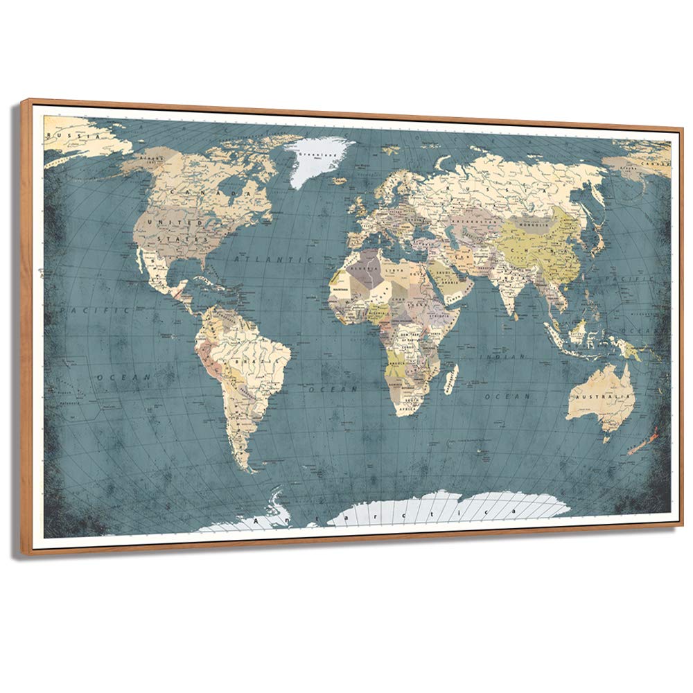 Vintage Rustic World Map Canvas Print - Large Office Wall Decor with Push Pins, Detailed Travel Map Artwork for Home, Living Room & Office | Perfect for Travel Enthusiasts & Geography Lovers | Wall Art for Study, Lounge & Workspace Decor