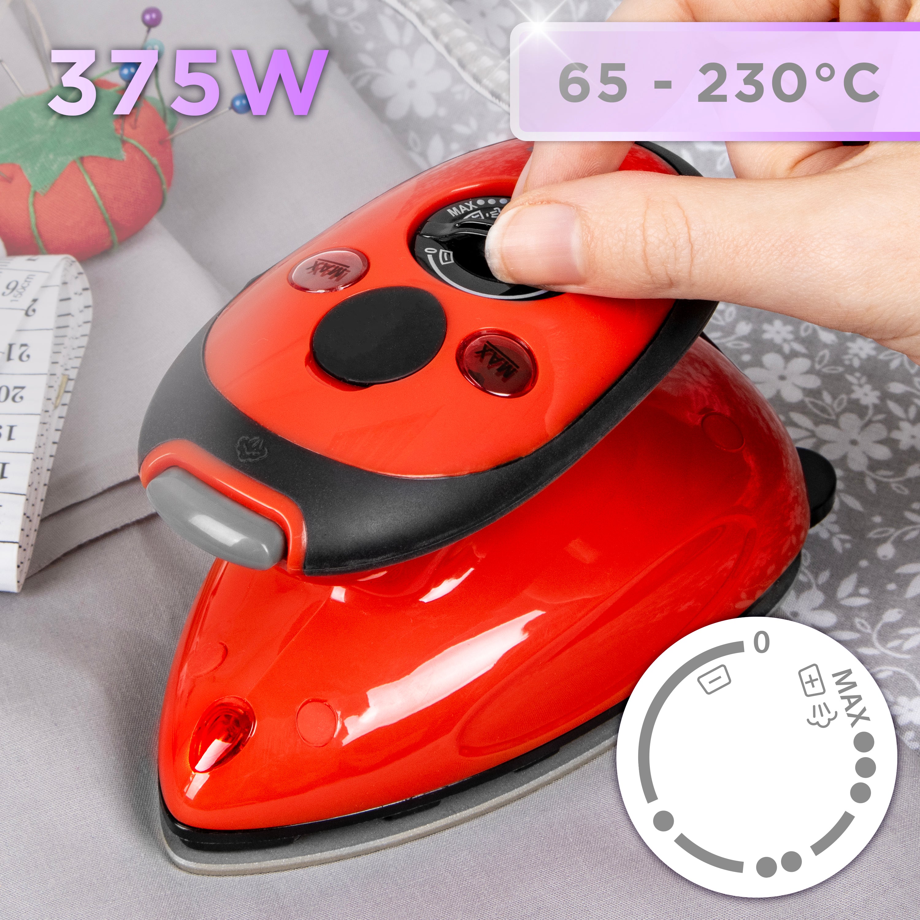 Duronic SI2 RD Mini Travel Iron & Steamer - 375W Compact Quilting Iron with 50ml Water Tank, Brush & Adjustable Heat Settings for Patchwork, Applique & Crafts - Perfect for Holidays, Business Trips & DIY Projects (Red)