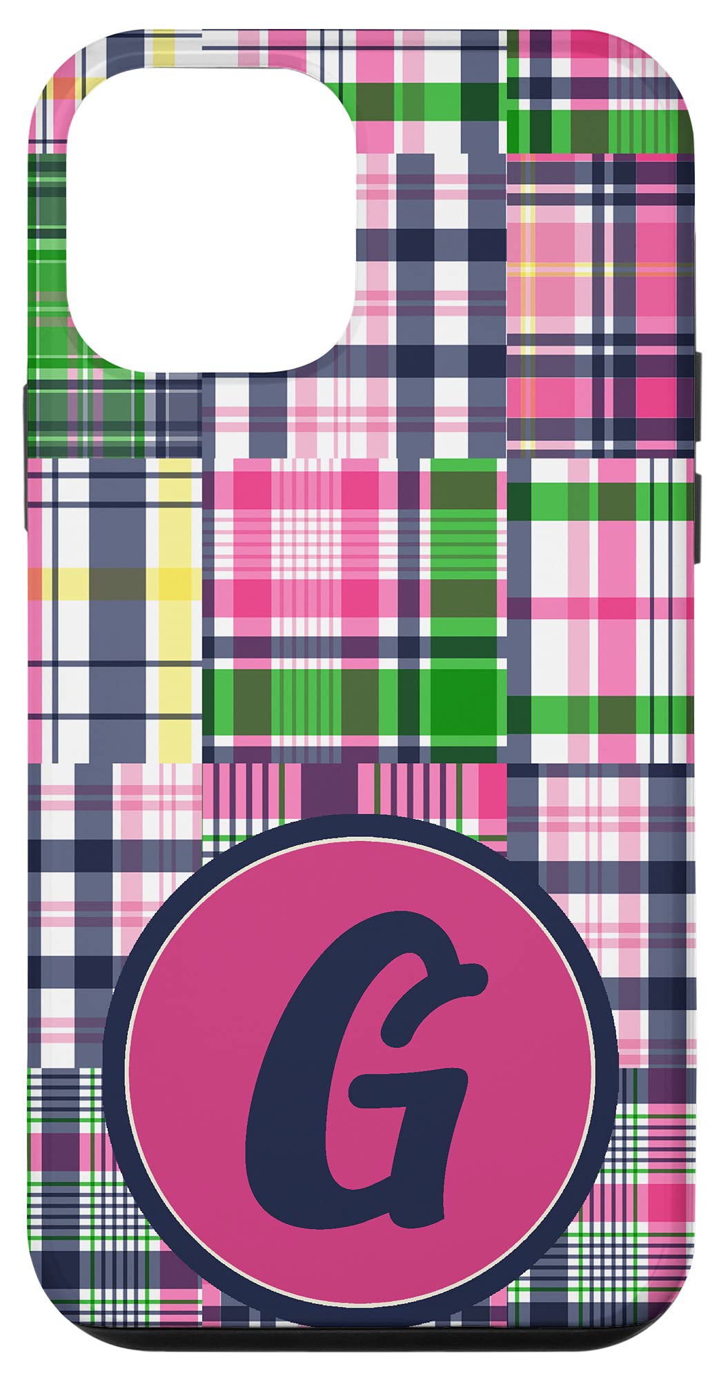 iPhone 12 Mini Case - Preppy Monogram Initial 'G' Madras Plaid Phone Cover for Girls | Trendy Protective Case for School, Work & Everyday Use