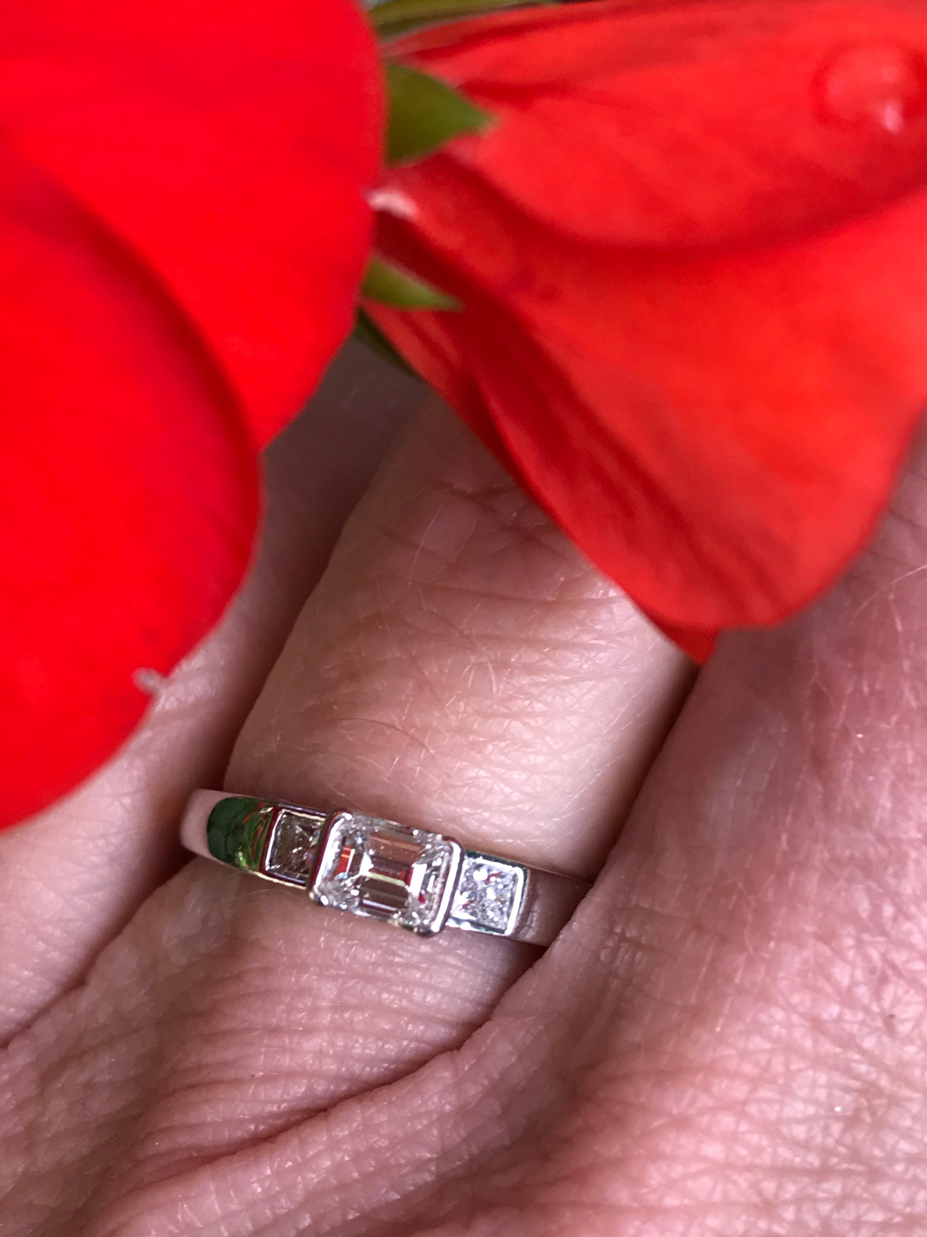 0.59ct Natural Emerald Cut Platinum Diamond Ring - FVVS Clarity, Elegant Trilogy Setting for Engagement, Wedding & Anniversary Gifts