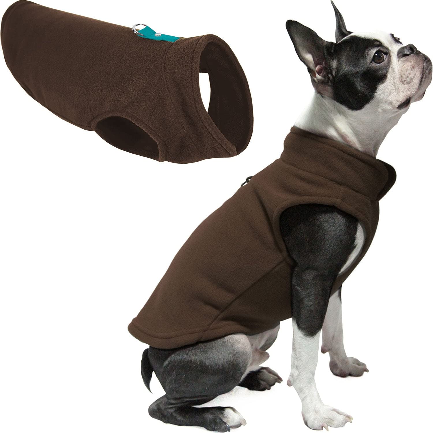 Gooby Fleece Vest Dog Sweater - Brown-Turquoise, X-Small - Warm Pullover Fleece Dog Jacket with O-Ring Leash - Winter Small Dog Coat for Cold Weather - Cozy Pet Clothes for Small Dogs (Ideal for Outdoor Walks & Winter Adventures)