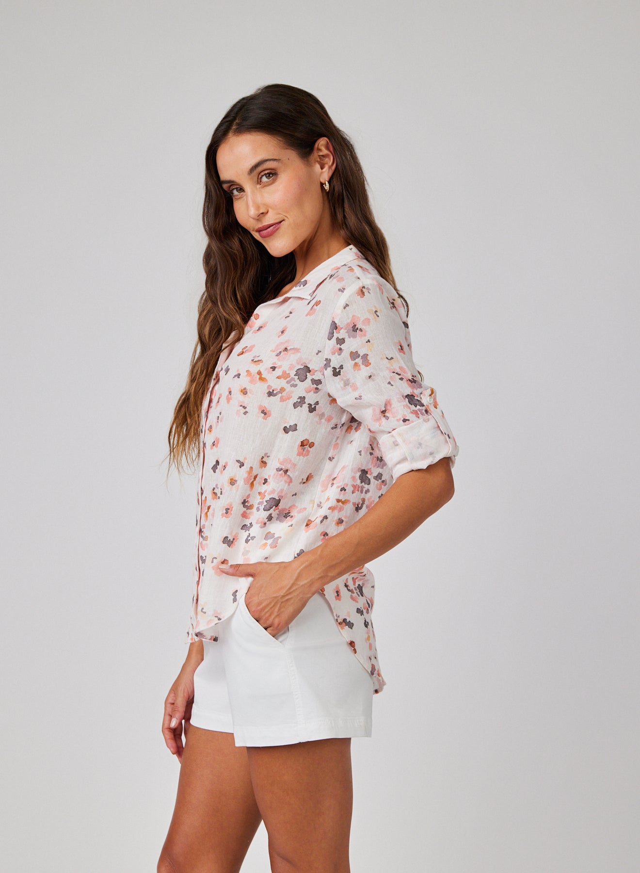 Capri Button Down Shirt - Hana Floral Print Women's Blouse for Casual Wear & Summer Outfits