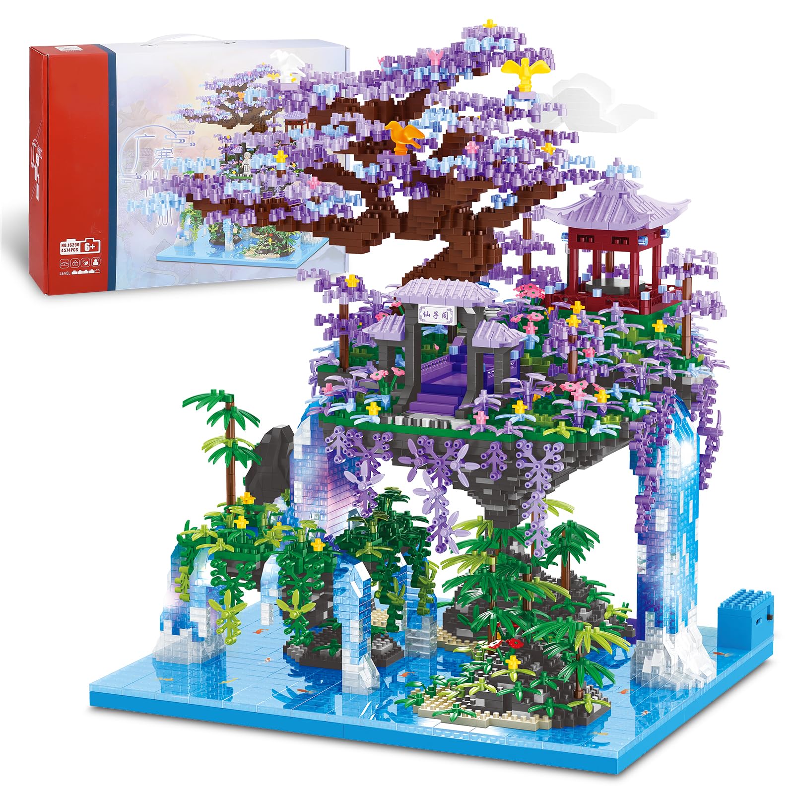 Moon Palace Pavilion Building Blocks Set - 4574pcs Micro Miniature Bonsai Tree House with LED String Lights & Flowers - Creative DIY Model Kit for Adults & Kids | Home Decor, Gift Idea, Stress Relief Activity