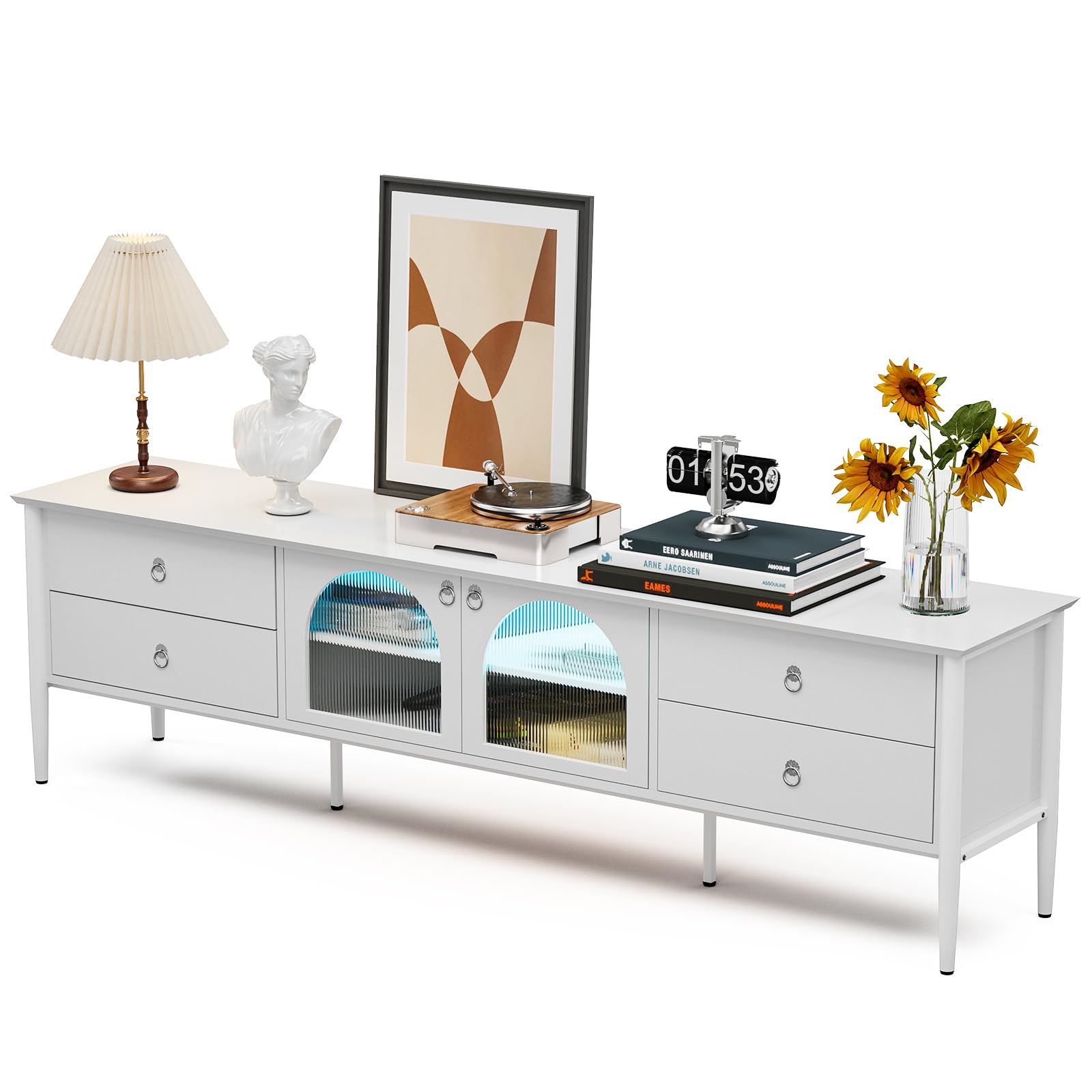 IKIFLY Modern LED TV Stand for 85+ Inch TVs - White Glass Entertainment Center with 2 Doors, 4 Drawers & Built-in LED Lights - TV Console Table for Living Room, Bedroom & Home Theater Setup