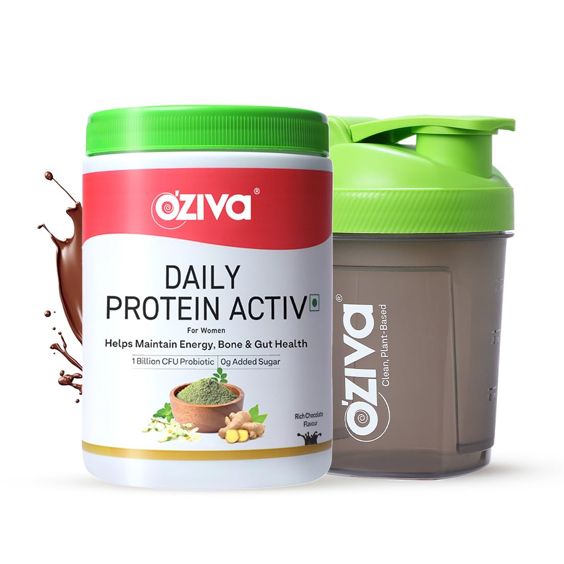 OZiva Daily Protein Activ for Women - Clean Protein Powder with Tulsi & Probiotics for Energy, Bone Health & Hormonal Balance - Chocolate Flavor (300g + Free Green Shaker) - Perfect for Post-Workout Recovery & Healthy Lifestyle