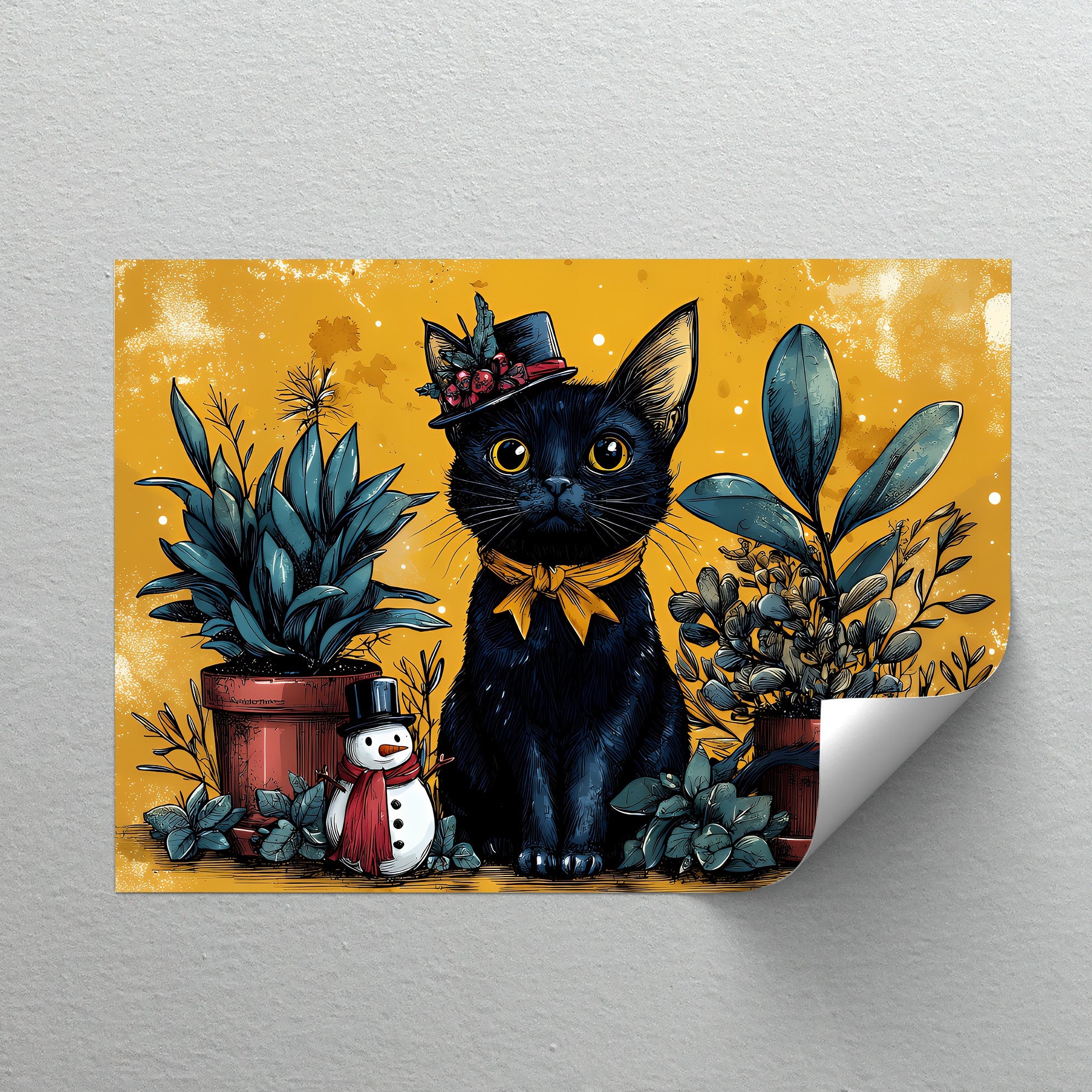 Black Cat with Holiday Hat and Yellow Ribbon - Festive Cat Canvas Print Wall Art for Christmas Home Decor, Living Room, Bedroom & Office