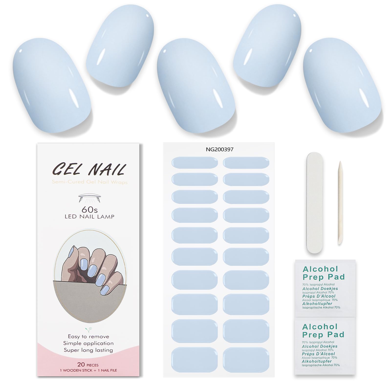 JMEOWIO Semi-Cured Gel Nail Strips - Cream Blue Nail Art Stickers for DIY Manicure | Long-Lasting Gel Nail Designs for Home Salon, Parties & Special Occasions