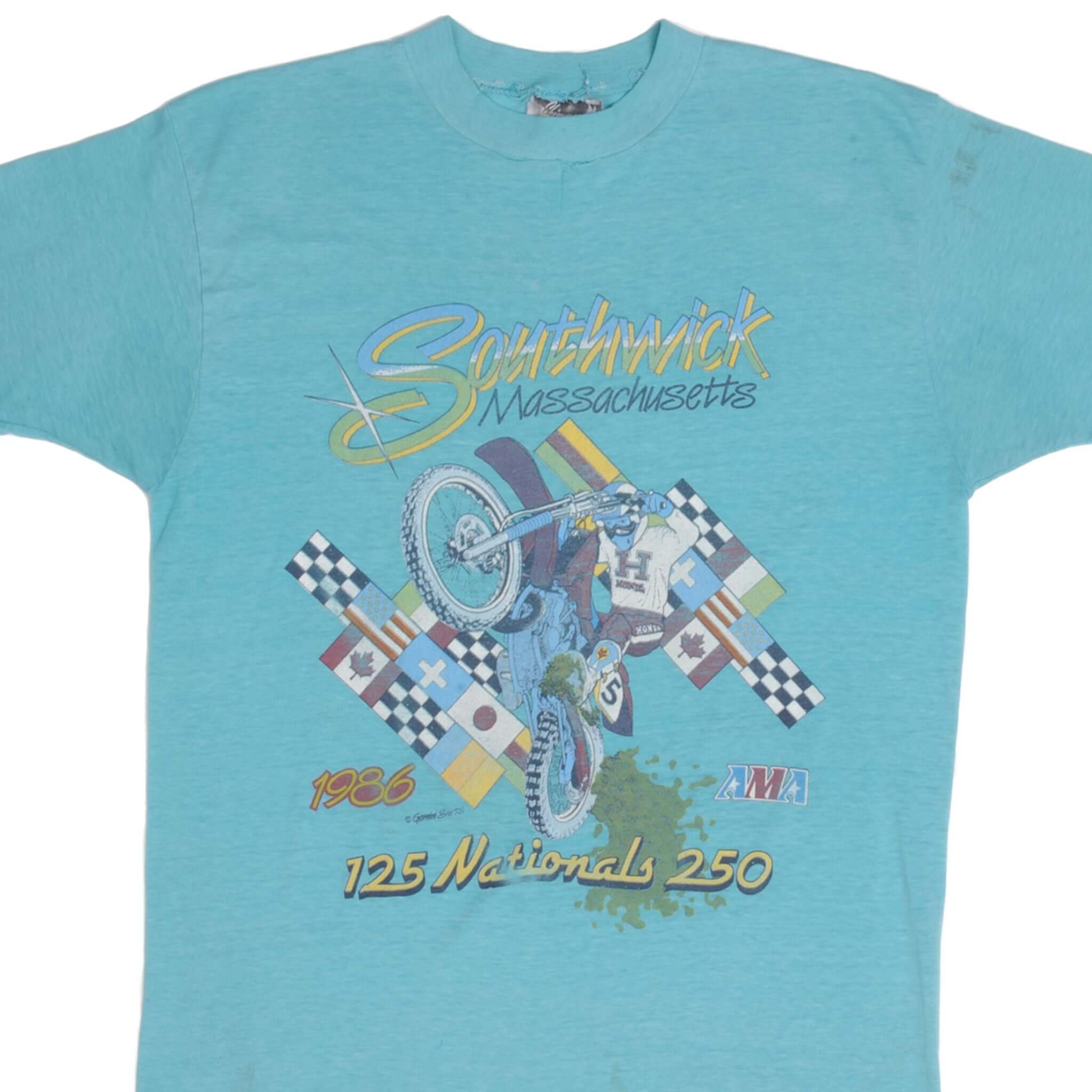 Vintage AMA Southwick MA 125 Nationals 250 T-Shirt 1986 - Medium Size, Made in USA - Perfect for Motorcycle Racing Fans and Vintage Clothing Collectors