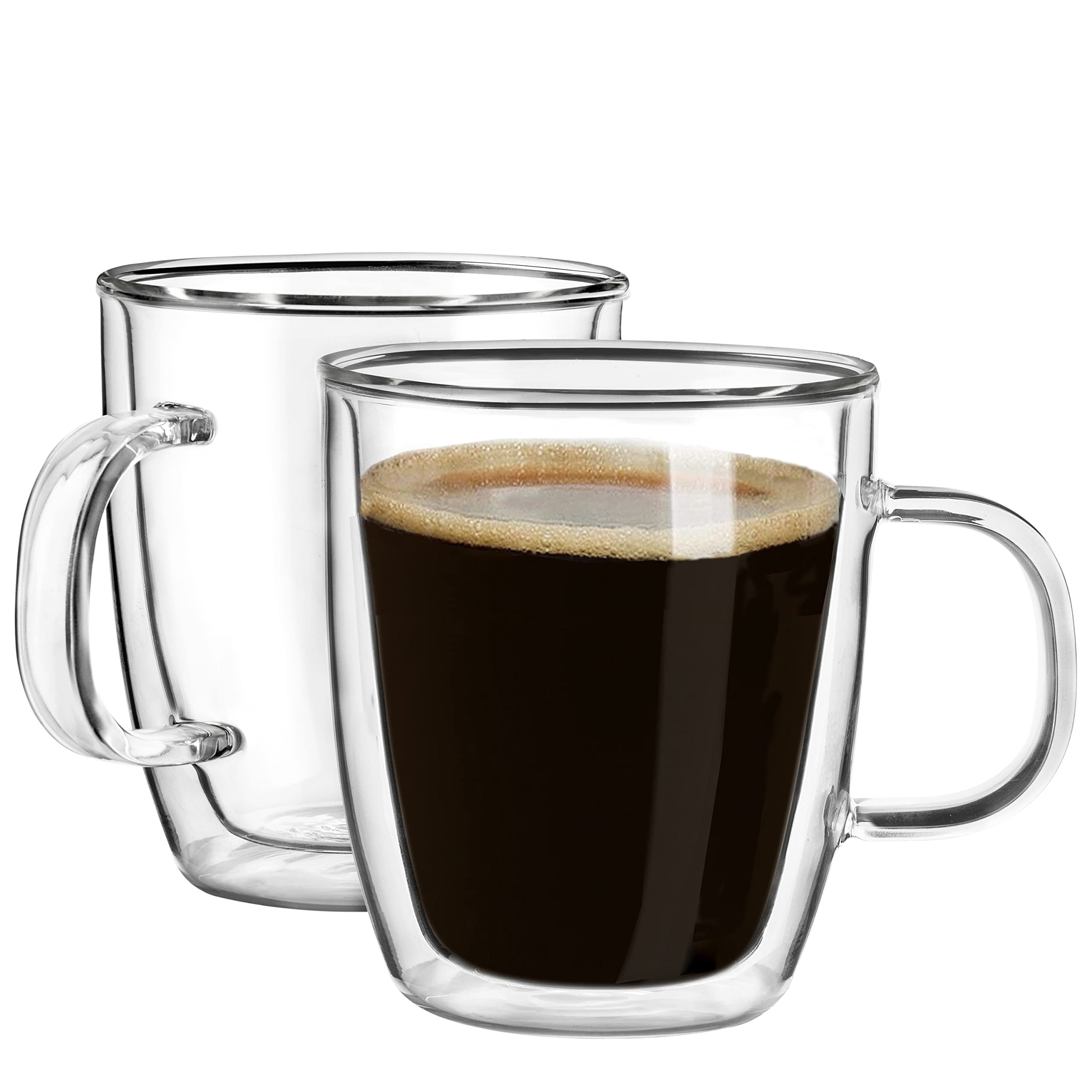 Premium Double Wall Insulated Glass Coffee Mugs Set of 2 - 12oz Clear Coffee Cups with Handle for Hot/Cold Drinks - Perfect for Latte, Cappuccino, Tea - Ideal for Home, Office & Gifts