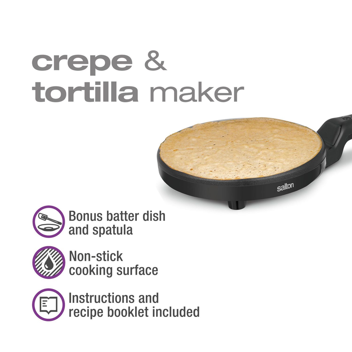 Salton CM1613 Electric Crepe Maker - Non-Stick Surface, Adjustable Temperature - Perfect for Breakfast, Desserts & Party Snacks