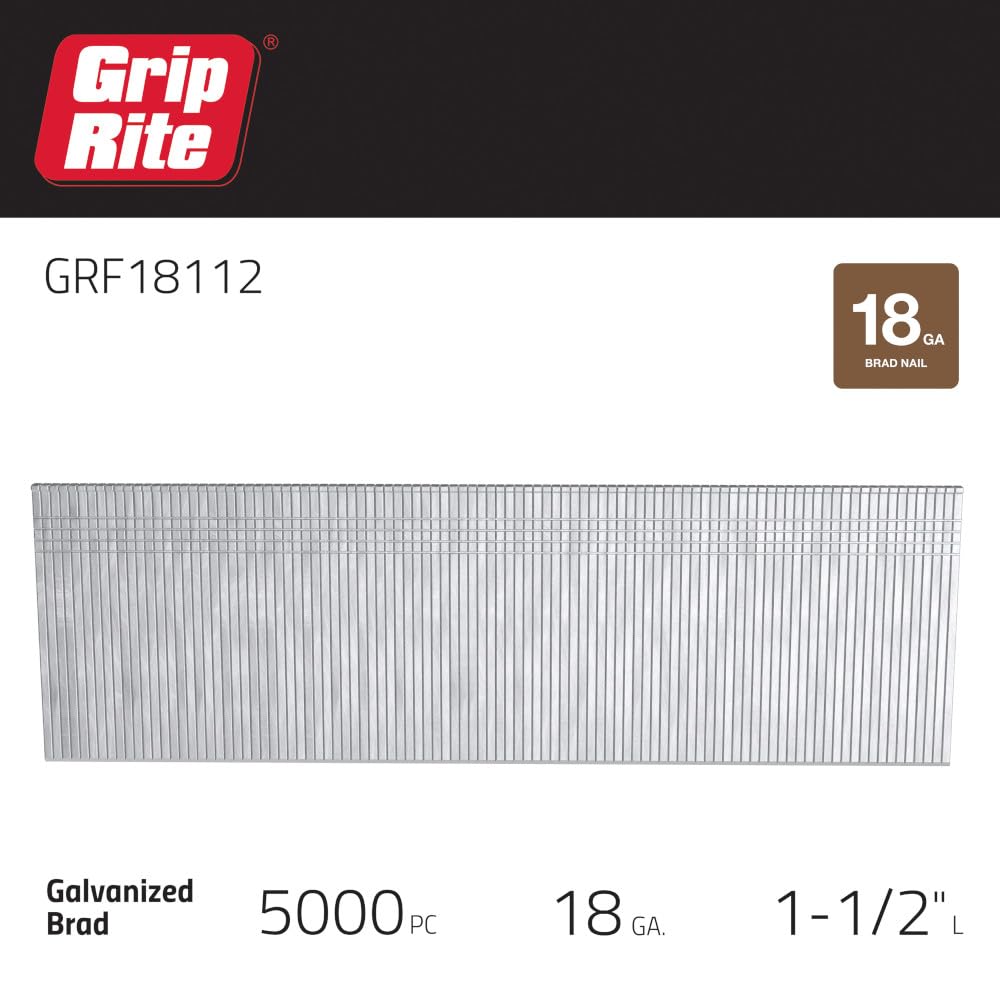 Grip Rite Prime Guard GRF18112 18-Gauge Galvanized Brad Nails 1-1/2-inch, 5,000 Pack, Steel Flat Nails for Woodworking, Trim, and Cabinetry