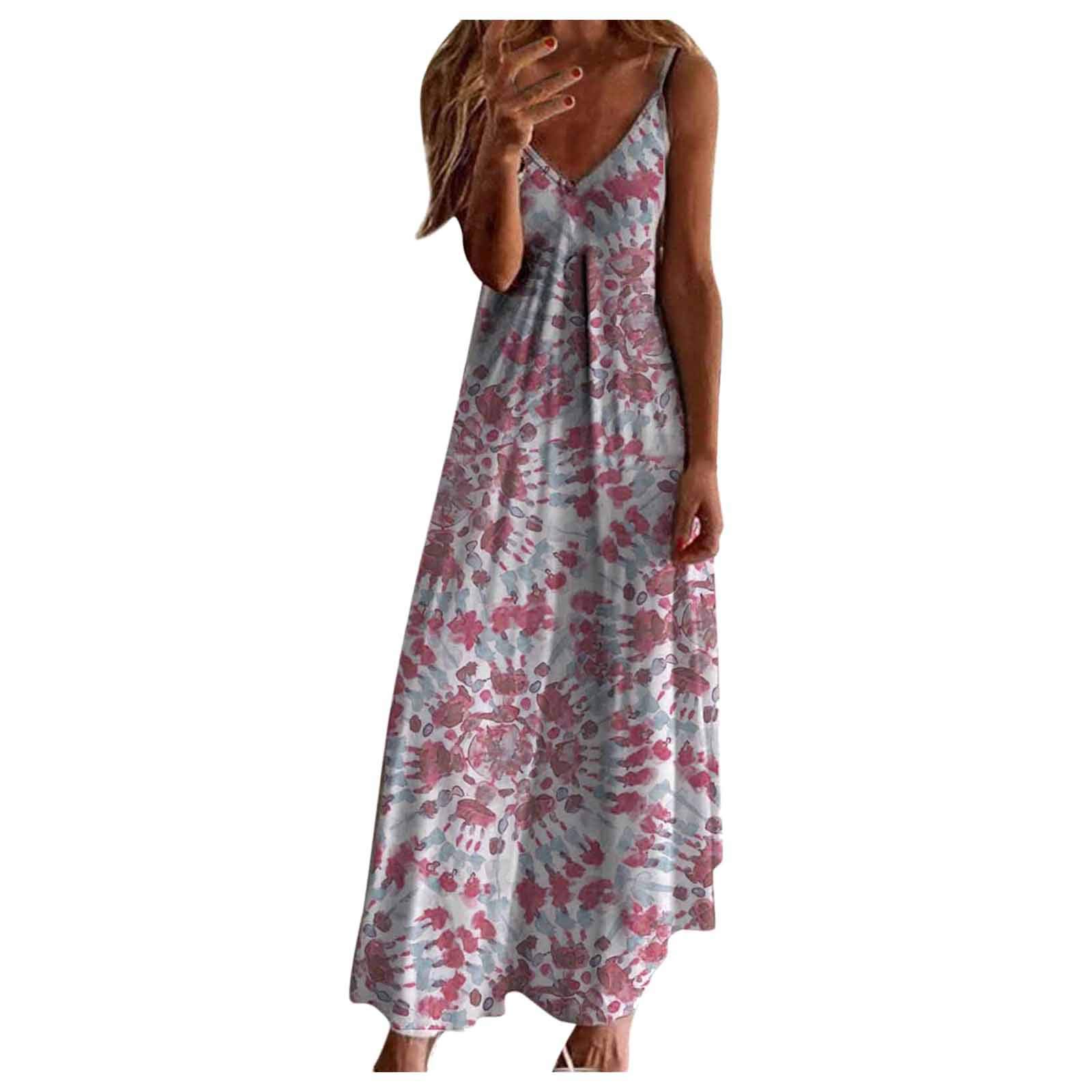 IKDXUF Plus Size Maxi Dress for Women - Boho Floral Color Block Print Sleeveless Strap Dress, Sexy Summer Beach Dress for Vacations, Parties & Outdoor Events