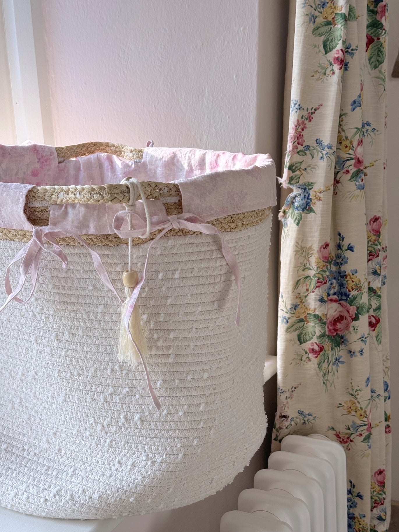Handwoven Cotton Rope Storage Basket with Floral Ikat Pattern - Eco-Friendly Laundry Hamper for Bedroom, Bathroom & Nursery Organization | Perfect for Clothes, Toys & Home Decor