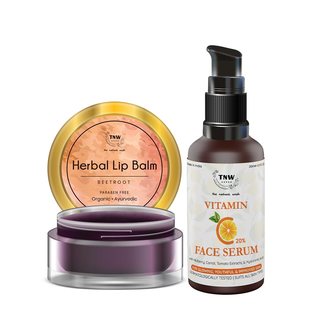 TNW THE NATURAL WASH Vitamin C Face Serum for Glowing Skin - Anti-Aging Brightening Serum with Beetroot Lip Balm | Essential Oils for Dry Chapped Lips | Perfect for Daily Skincare Routine & Nighttime Hydration