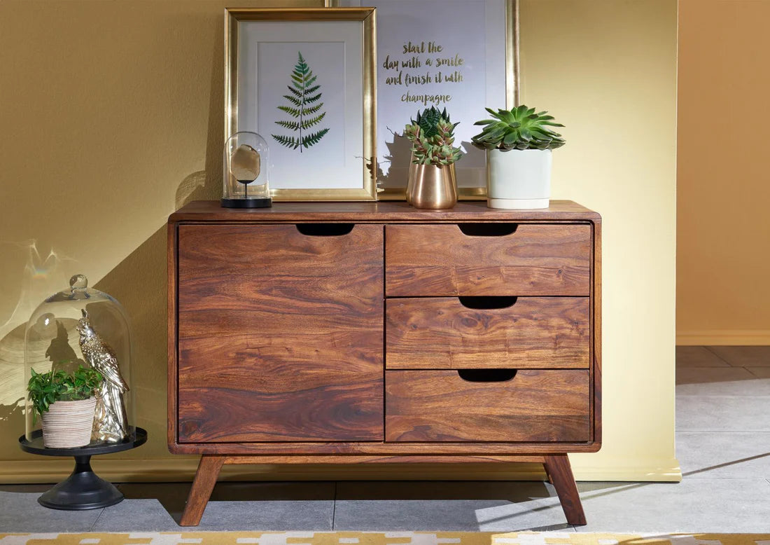 Gfine Solid Sheesham Wood Sideboard - Single Door & 3 Drawers, 88x40x66cm - Perfect for Living Room, Dining Room & Entryway Storage
