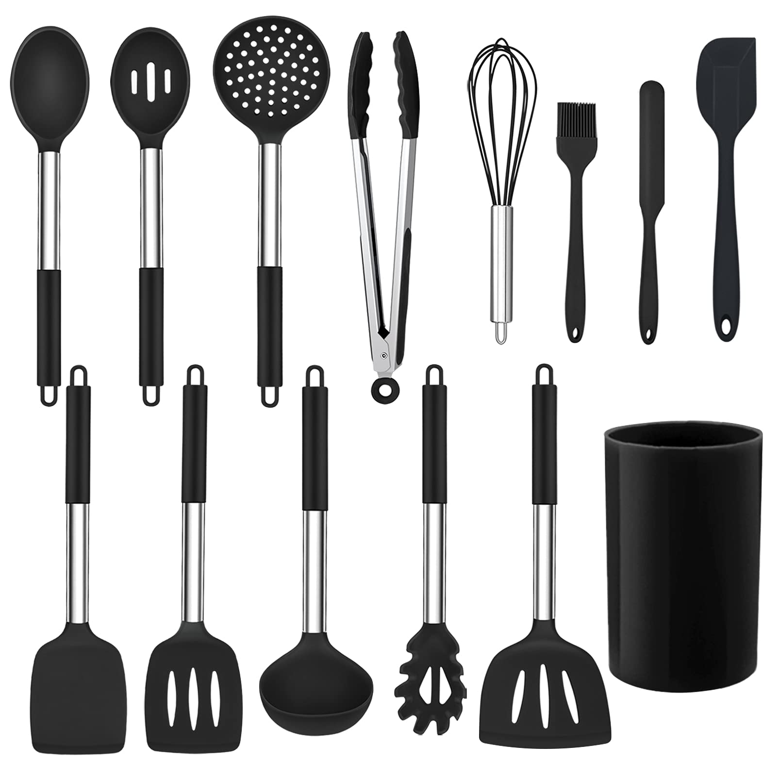 TeamFar 14-Piece Silicone Kitchen Utensil Set with Stainless Steel Handles - Spatula, Spoon, Holder & Whisk - Non-Toxic, Non-Stick, Heat-Resistant Cooking Tools - Dishwasher Safe Black Utensils for Baking, Frying & Everyday Cooking