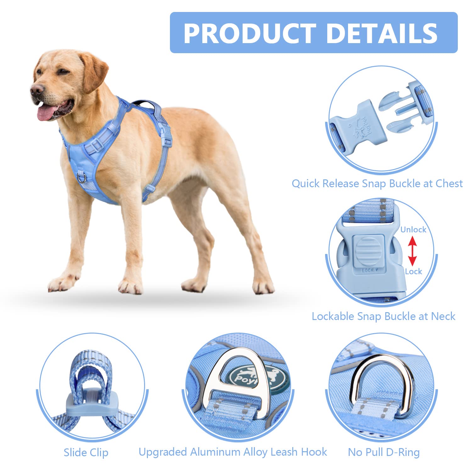 PoyPet No Pull Dog Harness - Reflective Adjustable Pet Vest with Padded Handle for Small Medium Large Dogs - Light Blue Matching Trim Size M - Perfect for Walking, Running & Nighttime Safety