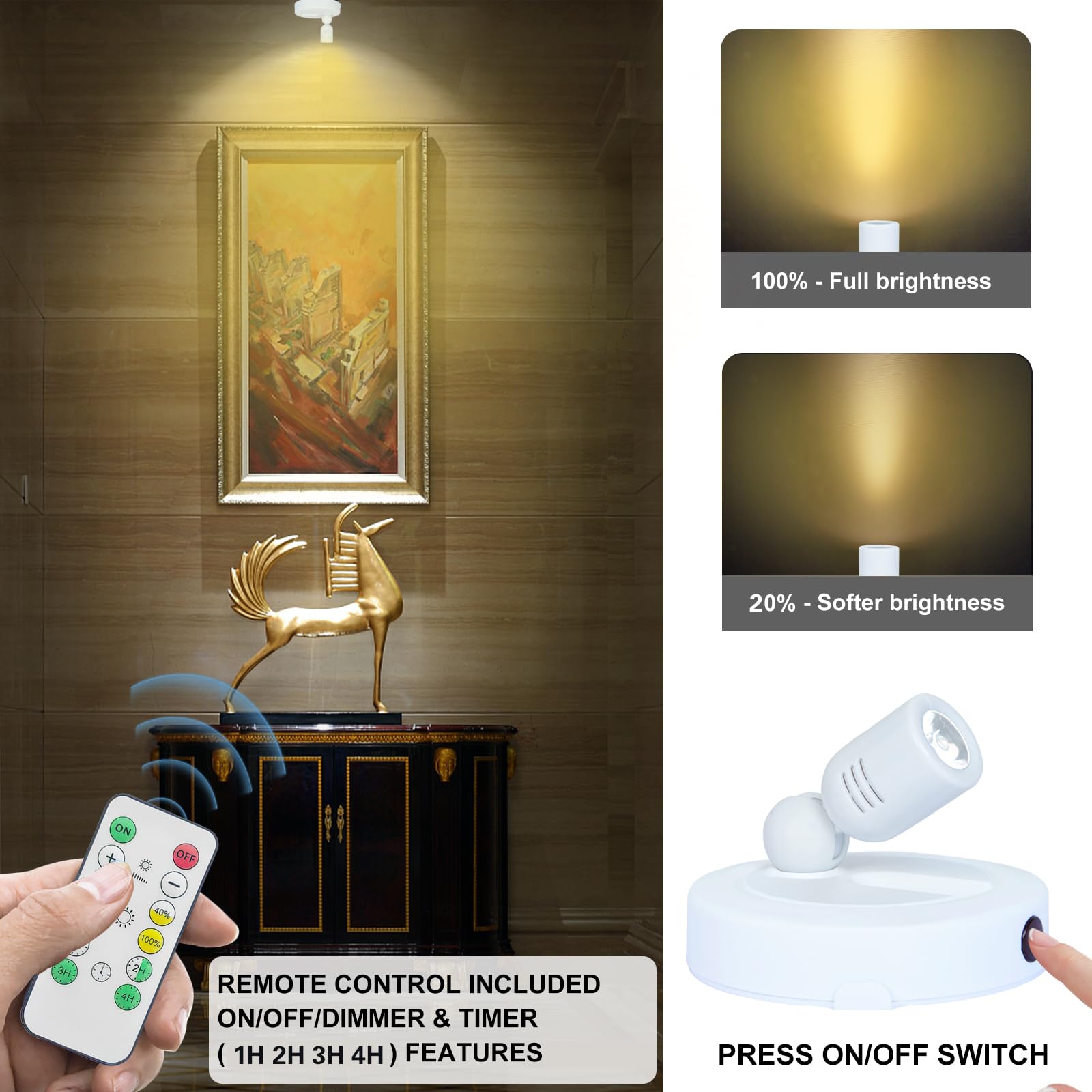 LED Spotlight with Remote - Battery Operated Dimmable Spotlights for Indoor Plants, Wall Art, Picture Frames, Dartboard & Tree Lighting | Perfect for Home Decor, Gallery Displays & Accent Lighting