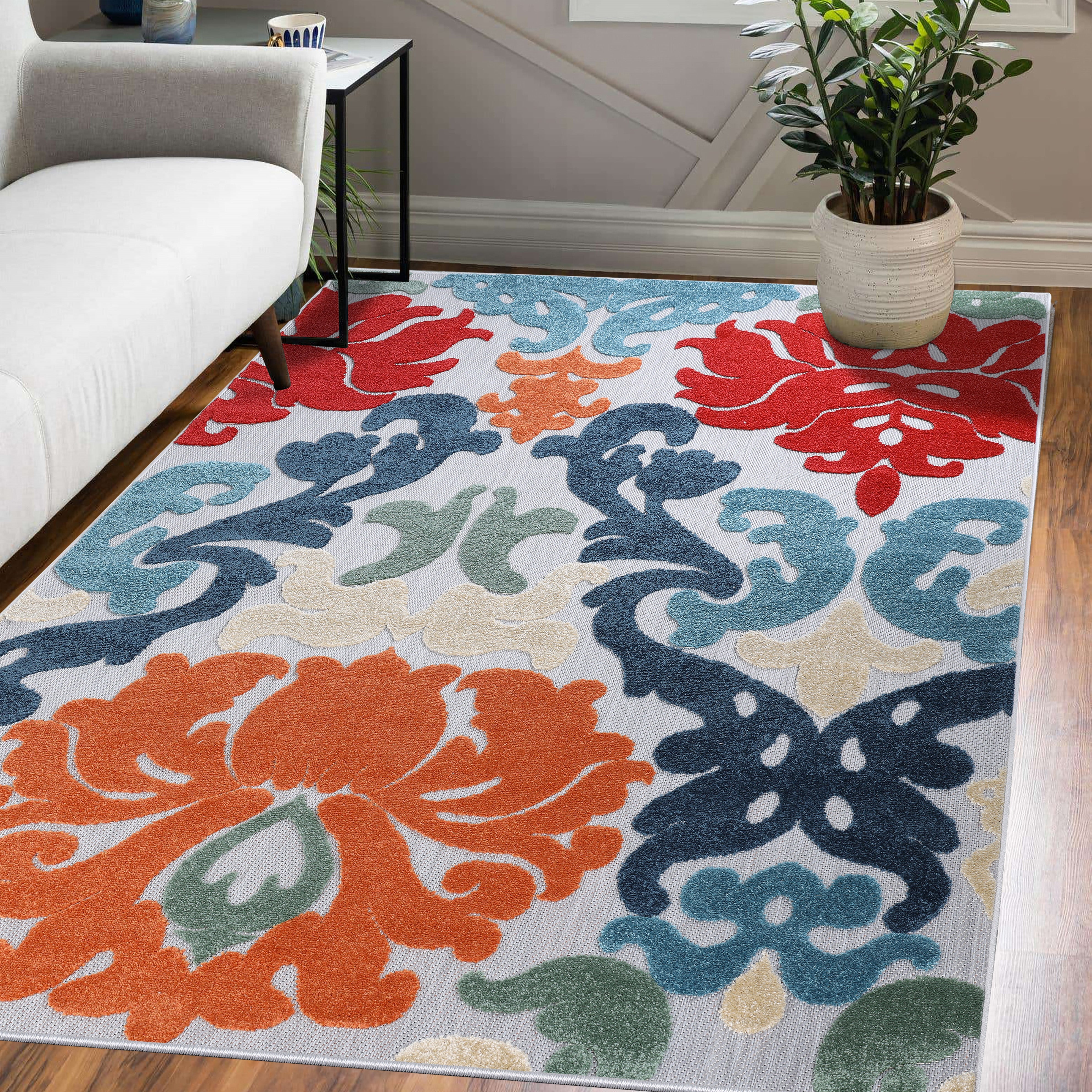 Lowell Traditional Damask Indoor/Outdoor Area Rug - Non-Slip, Waterproof, Durable - Perfect for Living Room, Patio, Deck & Sunroom Decor