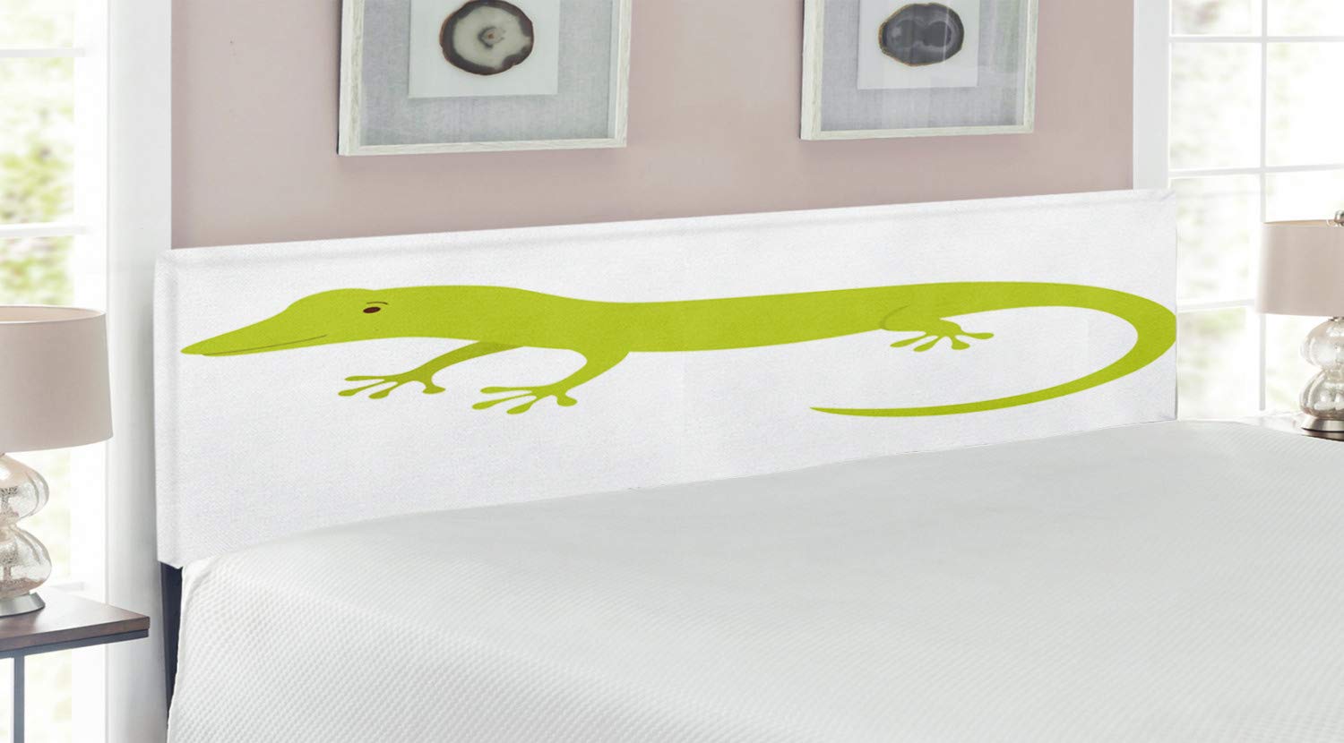 Ambesonne Reptile Headboard King Size - Australian Lizard Illustration with Smiling Mascot, Savannah Gecko Print Upholstered Metal Bed Frame with Memory Foam in Pistachio Green & White | Perfect for Reptile Lovers' Bedroom Decor, Kids Room or Themed Guest Room