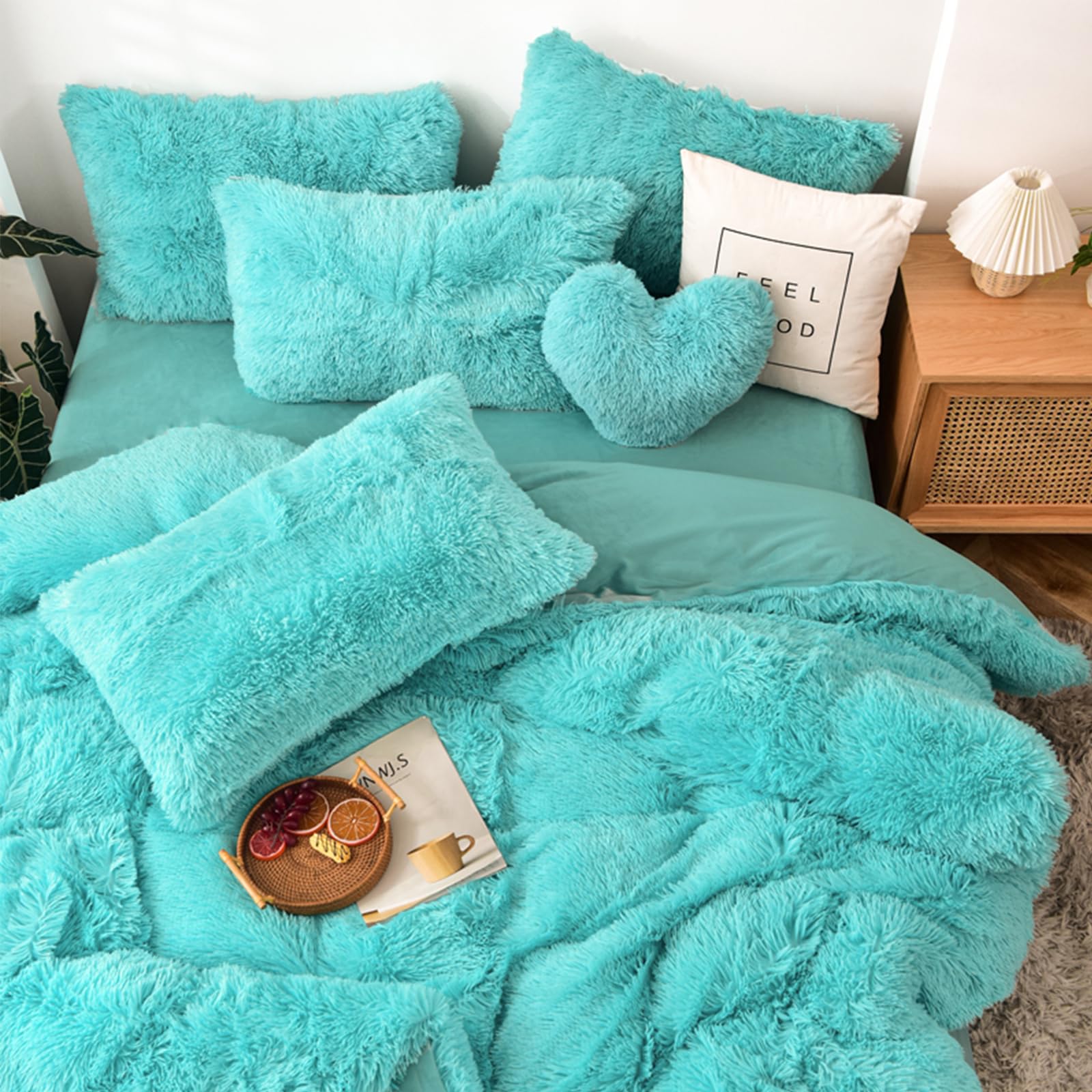 MorroMorn 5-Piece Shaggy Duvet Cover Set - Long Faux Fur Luxury Ultra Soft Bedding (Aqua, Full/Queen Size) for Cozy Winter Nights & Luxurious Bedroom Decor