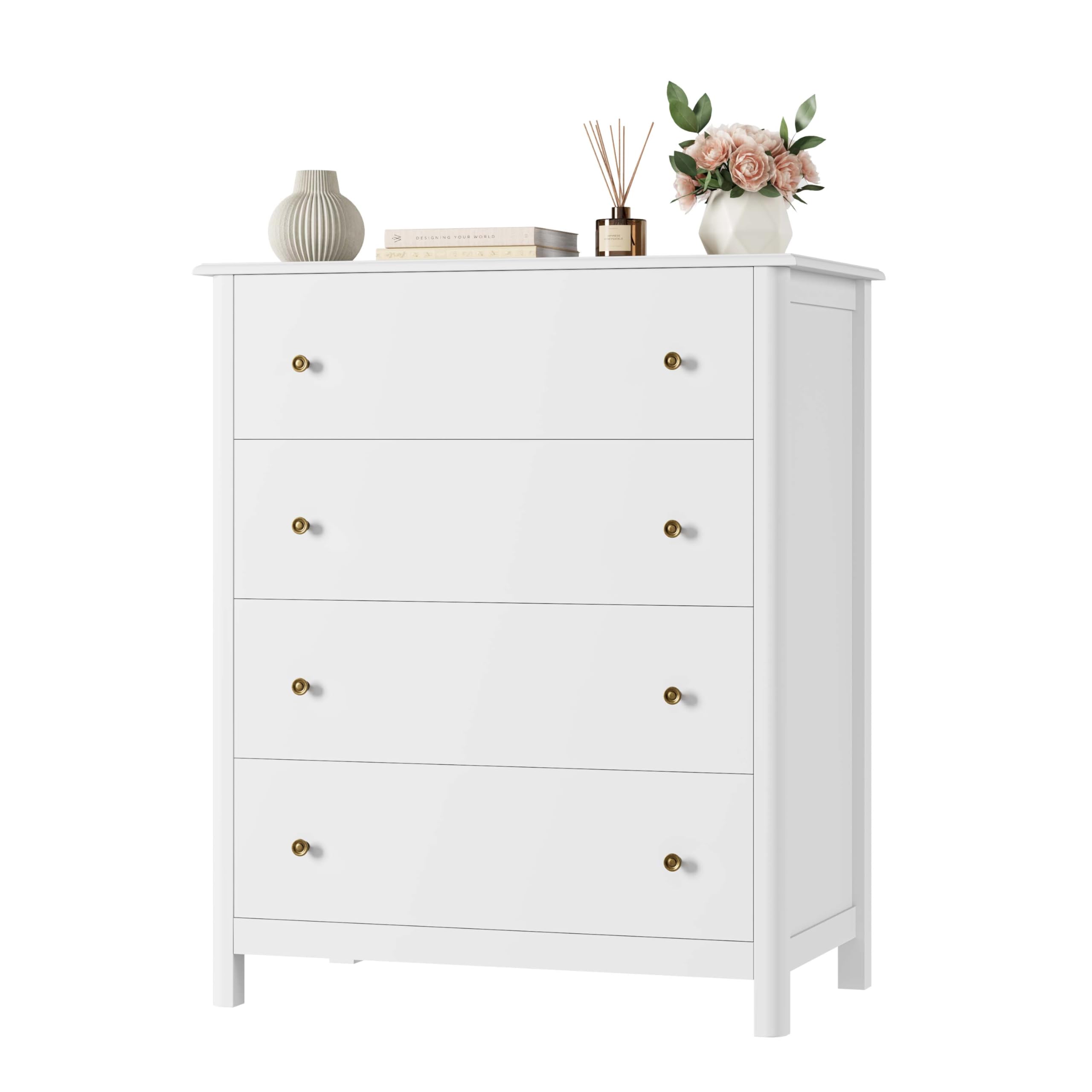 HOUSUIT White Dresser with 4 Drawers - Modern Wooden Storage Cabinet for Bedroom, Living Room, Entryway & Hallway - Ivory White Chest of Drawers for Home Organization & Decor
