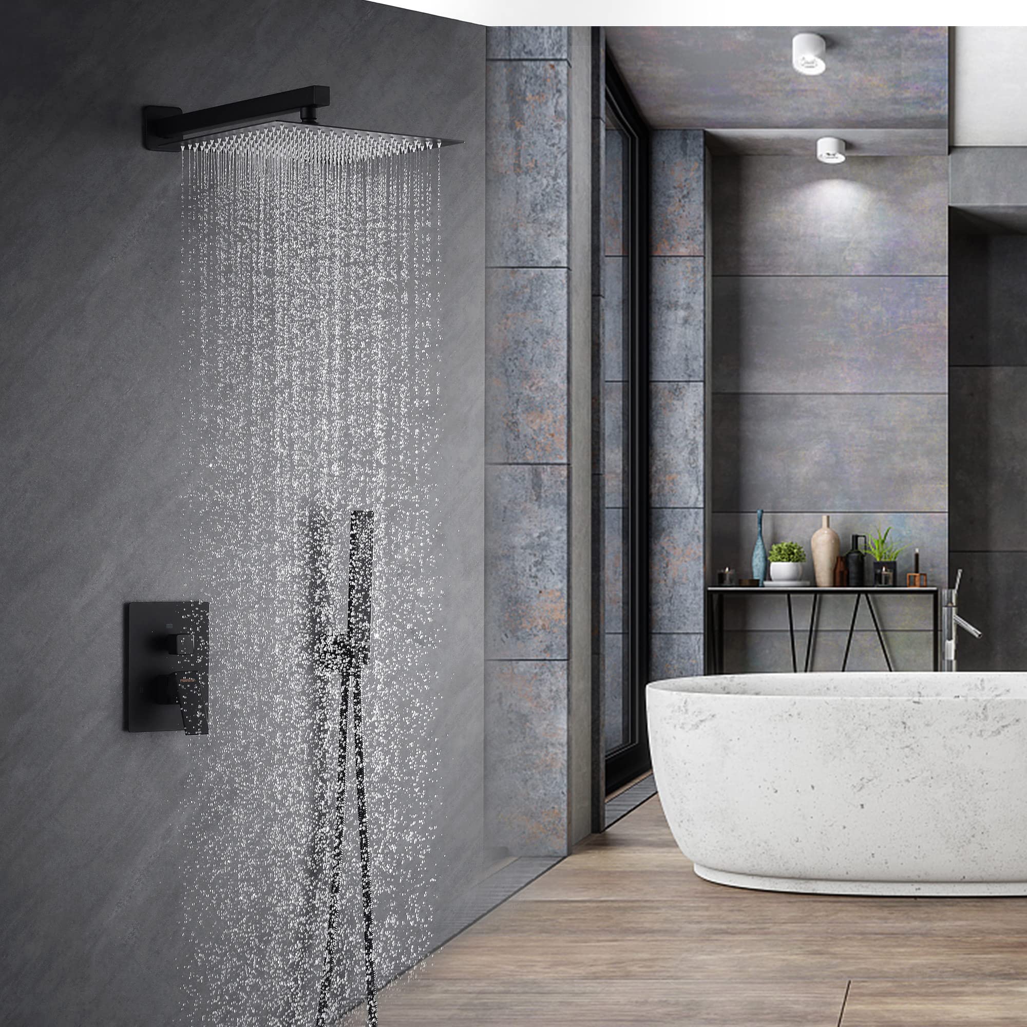 Fransiton 12 Inch Matte Black Rain Shower System Set - Wall Mounted Rainfall Shower Head with Handheld Sprayer, Bathroom Shower Kit (Valve Included) - Perfect for Modern Bathroom Renovation and Spa-Like Shower Experience
